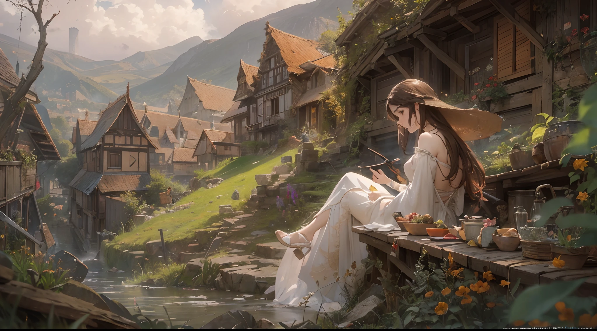 "(by Greg Rutkowski: 1.2), (masterpiece), ((best quality)), extremely delicate and beautiful, illustration, (fantasy landscape), A mesmerizing fantasy landscape with enchanting elements blending seamlessly. ((Eruyt Village)), A sense of tranquility and wonder fills the air, inviting exploration and discovery. Providing a distant view that captures the grandeur and atmosphere. From Brian Froud and Carne Griffiths and Wadim Kashin and John William Waterhouse, 8K post-production, high resolution, hyperdetailed, depth of field, HDR, intricate"