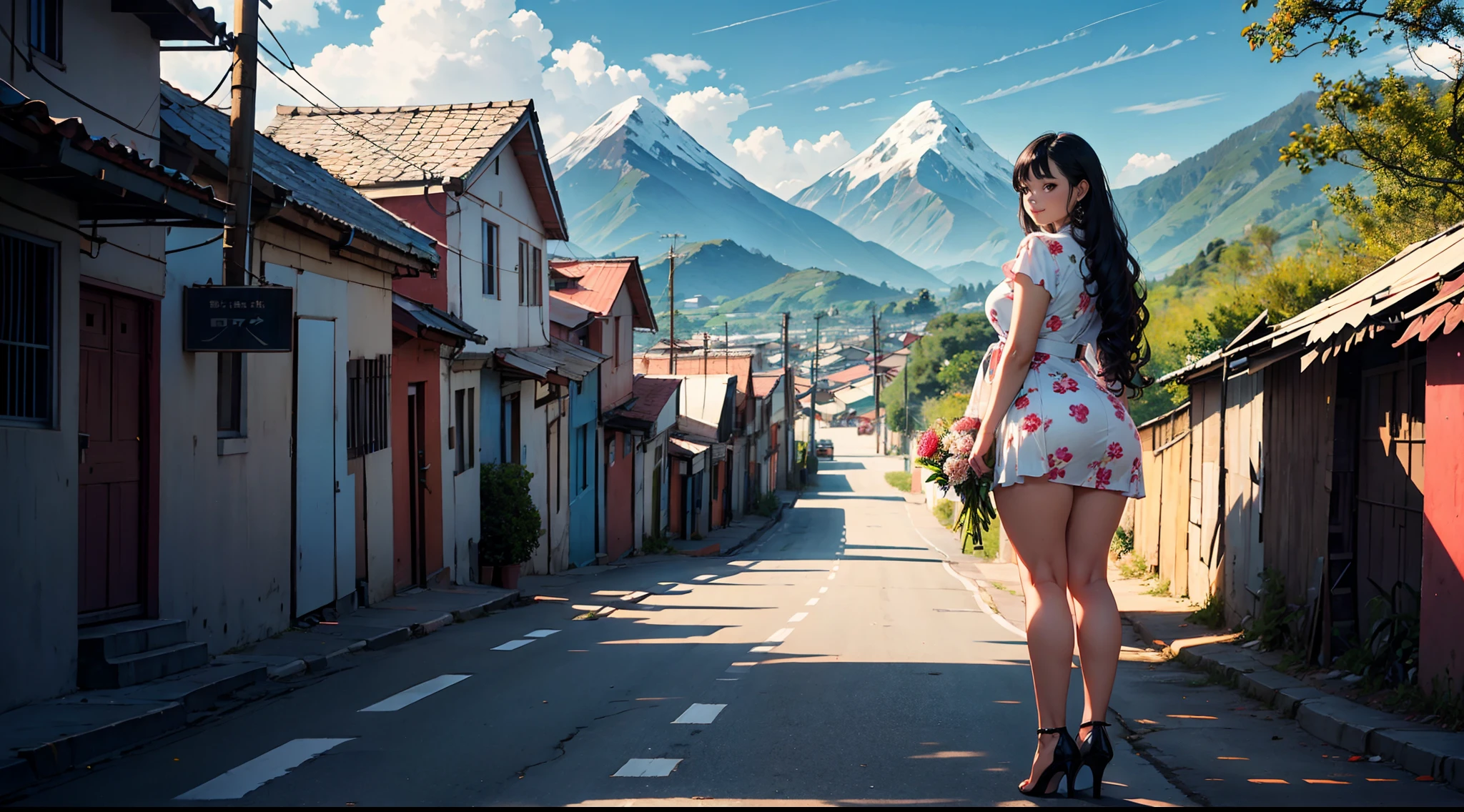 smiling woman in floral dress holding a flowers on a sidewalk, dressed with short tight clothes, wearing a flowery dress, beautiful young mizo woman, young mizo woman, with mountains in the background, standing in a township street, standing in township street, 30 years old woman, milf, background is heavenly, distant full body view, thick thighs, big ass, long curly hair, long hair, black hair, curly hair, wearing high heels, looking at camera, tight dress,