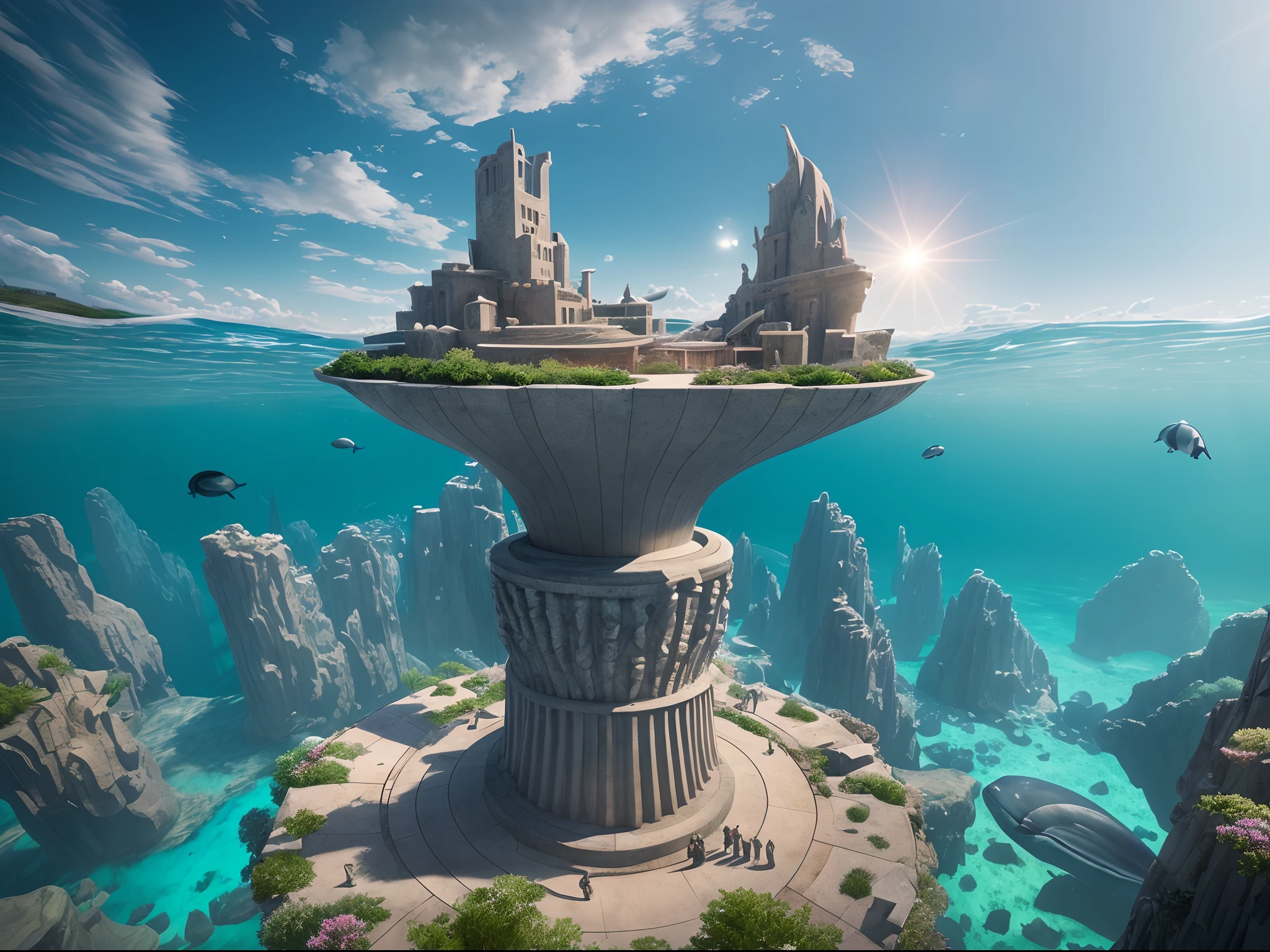 Atlantis city landmark under the sea, unique futuristic landmark statue, futuristic landmark, a whales surround the statue, in realistic 4d randering, unreal engine 5, masterpiece composition, dynamic very wide fisheye view, dramatac rays lighting, cinematic, UHD, highly detailed texture, sharp focus, fantasy mystery under water landscape photography
