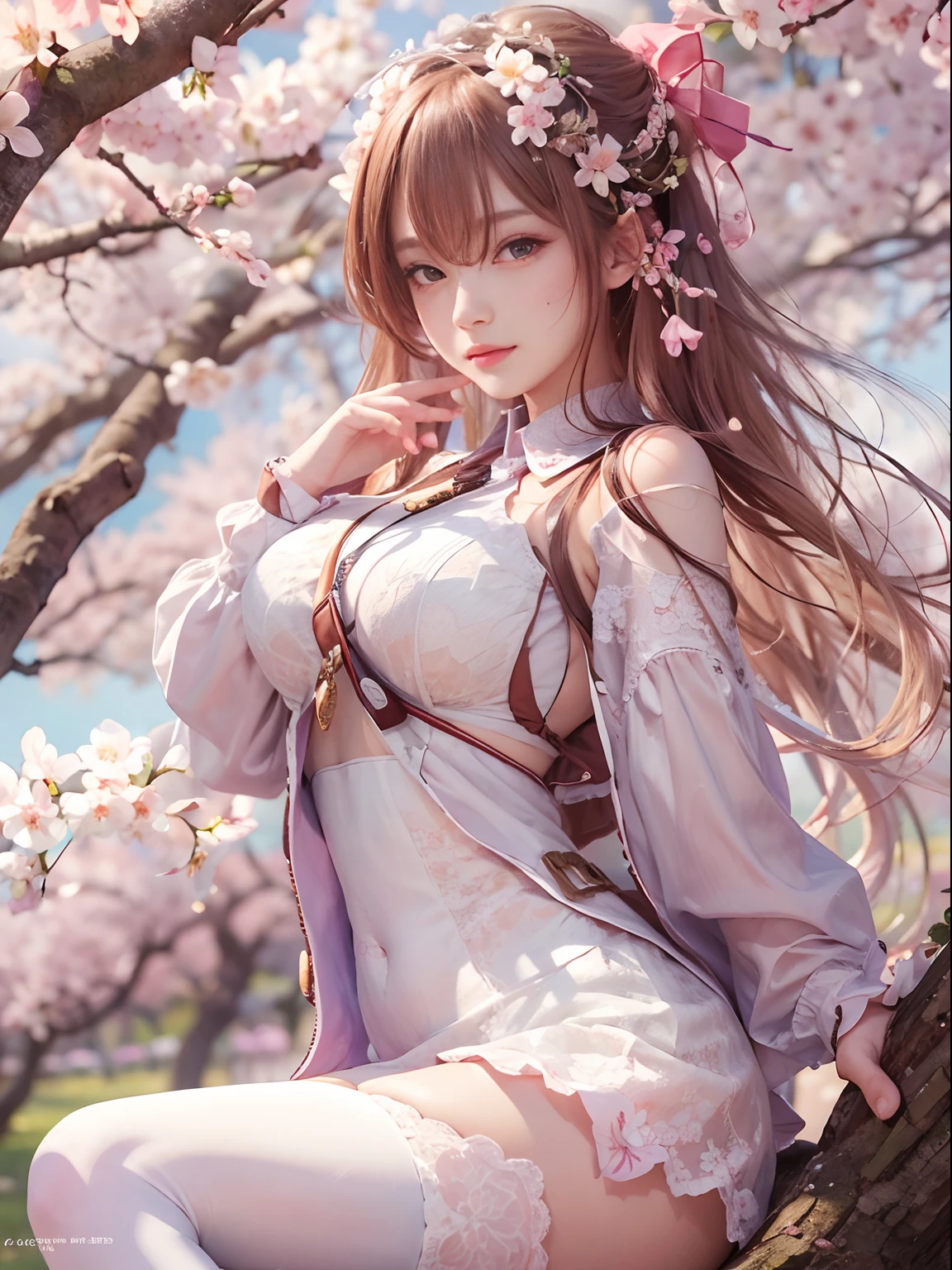 (Masterpiece), Best quality, high resolution, Highly detailed, Detailed background, Perfect lighting, En plein air, 1girll, cherry blossom in full bloom，full bodyesbian，White stockings