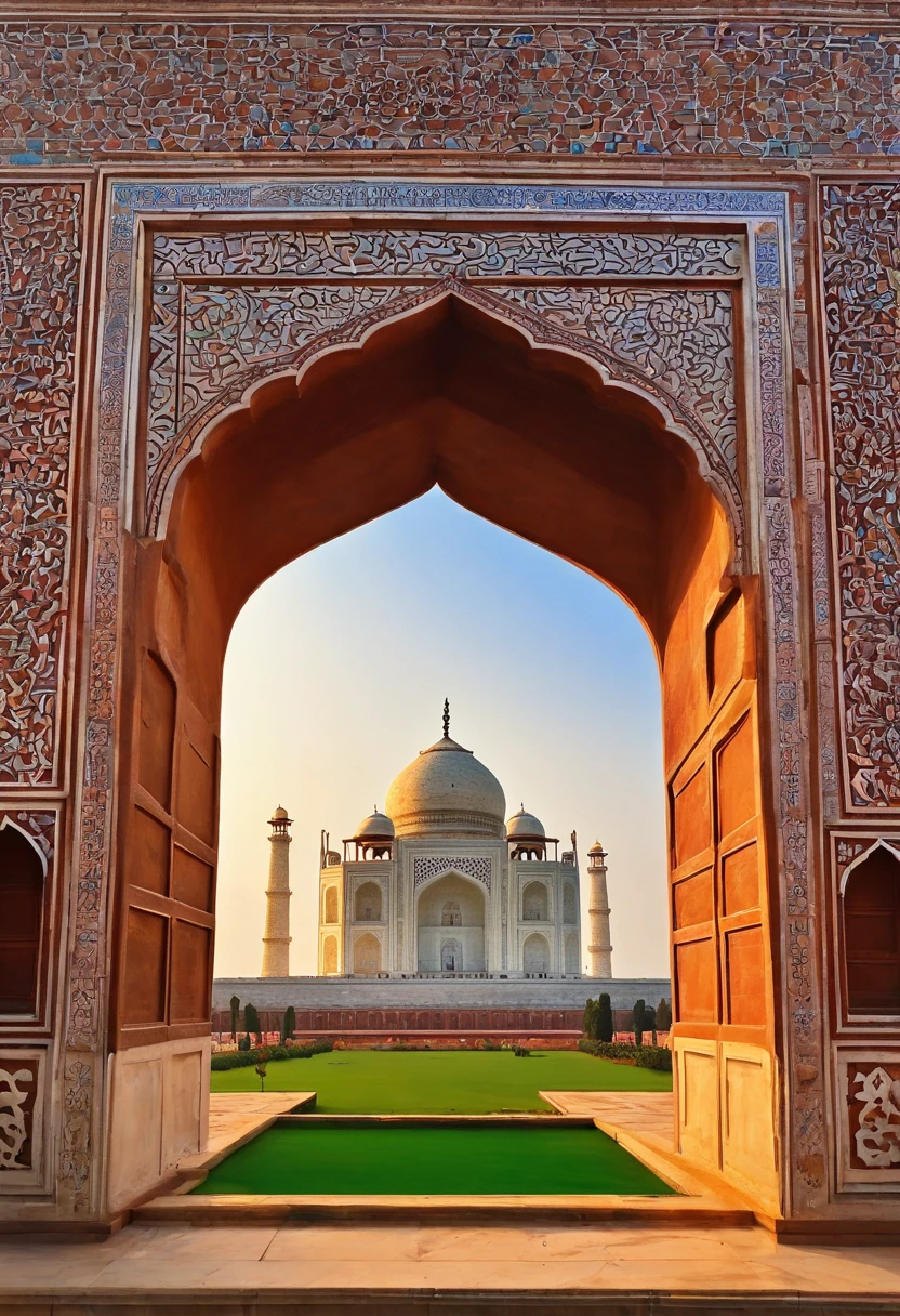 Taj Mahal,white marble mausoleum,beautiful detailed architecture,stunning Islamic design,historical masterpiece,world heritage site,architectural wonder(1.1),symbol of love,eternal love memorial,exquisite craftsmanship,grand entrance with massive gates,impressive dome,tall minarets overlooking the monument,elaborate marble inlay work on walls,precious gemstones embedded in the marble(finely detailed precious gemstones),meticulously carved floral motifs,elaborate calligraphy with Quranic verses,tranquil reflection pool,gorgeous gardens surrounding the monument,meticulously manicured lawns,blooming flowers(finely detailed blooming flowers),fragrant gardens,serene atmosphere,serene reflecting pool with marble fountains,magnificent view during sunset and sunrise,(best quality,highres,photorealistic),golden sunlight casting a warm glow on the marble structure,vibrant colors of the sunrise and sunset,soft, diffused light illuminating the monument at dawn and dusk,strong sunlight highlighting the intricate details,blue skies contrasting with the white marble,architectural symmetry and balance,historical significance as a symbol of love,story of Emperor Shah Jahan and his wife Mumtaz Mahal,memorial dedicated to Mumtaz Mahal who died during childbirth,unparalleled beauty and elegance,cultural heritage of India,national pride,favorite tourist destination,tourists from all over the world coming to admire its beauty.