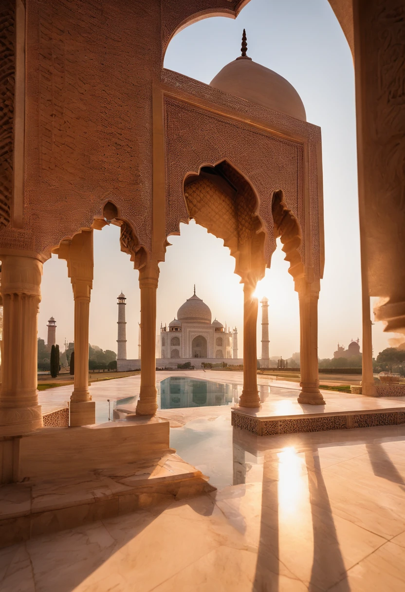 Taj Mahal,white marble mausoleum,beautiful detailed architecture,stunning Islamic design,historical masterpiece,world heritage site,architectural wonder(1.1),symbol of love,eternal love memorial,exquisite craftsmanship,grand entrance with massive gates,impressive dome,tall minarets overlooking the monument,elaborate marble inlay work on walls,precious gemstones embedded in the marble(finely detailed precious gemstones),meticulously carved floral motifs,elaborate calligraphy with Quranic verses,tranquil reflection pool,gorgeous gardens surrounding the monument,meticulously manicured lawns,blooming flowers(finely detailed blooming flowers),fragrant gardens,serene atmosphere,serene reflecting pool with marble fountains,magnificent view during sunset and sunrise,(best quality,highres,photorealistic),golden sunlight casting a warm glow on the marble structure,vibrant colors of the sunrise and sunset,soft, diffused light illuminating the monument at dawn and dusk,strong sunlight highlighting the intricate details,blue skies contrasting with the white marble,architectural symmetry and balance,historical significance as a symbol of love,story of Emperor Shah Jahan and his wife Mumtaz Mahal,memorial dedicated to Mumtaz Mahal who died during childbirth,unparalleled beauty and elegance,cultural heritage of India,national pride,favorite tourist destination,tourists from all over the world coming to admire its beauty.