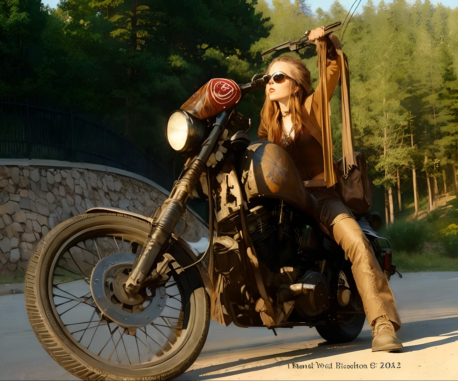 Woman riding a motorcycle, wearing very dark sunglasses, leather chaps, hippy clothes, bedroll on handlebars, 24k resolution, masterpiece, oil art style, hyperdetailed