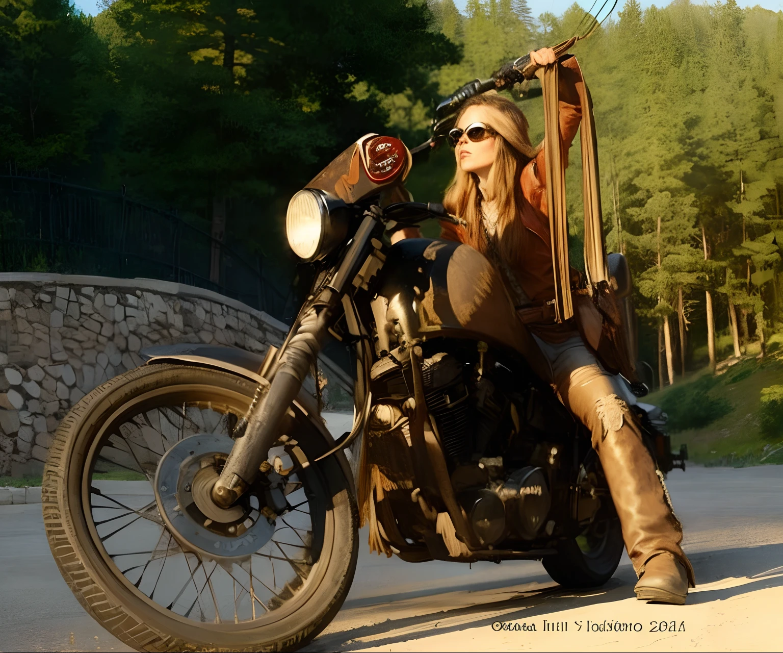 Woman riding a motorcycle, wearing very dark sunglasses, leather chaps, hippy clothes, bedroll on handlebars, 24k resolution, masterpiece, oil art style, hyperdetailed