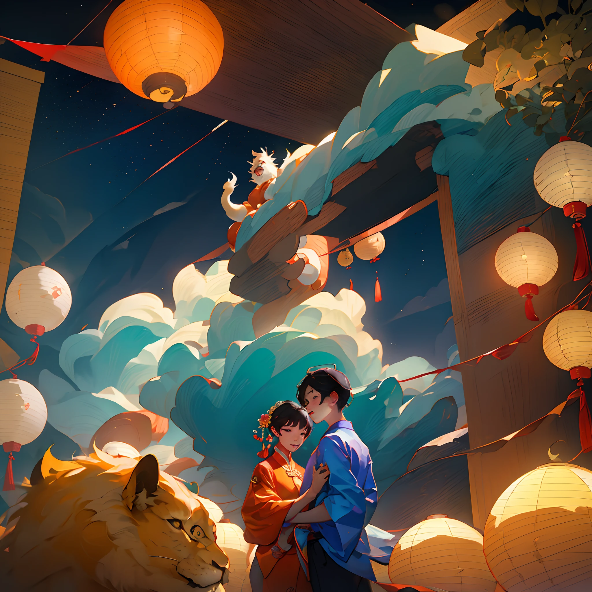 2 boys, mid-autumn festival, lion dance, lanterns, night sky