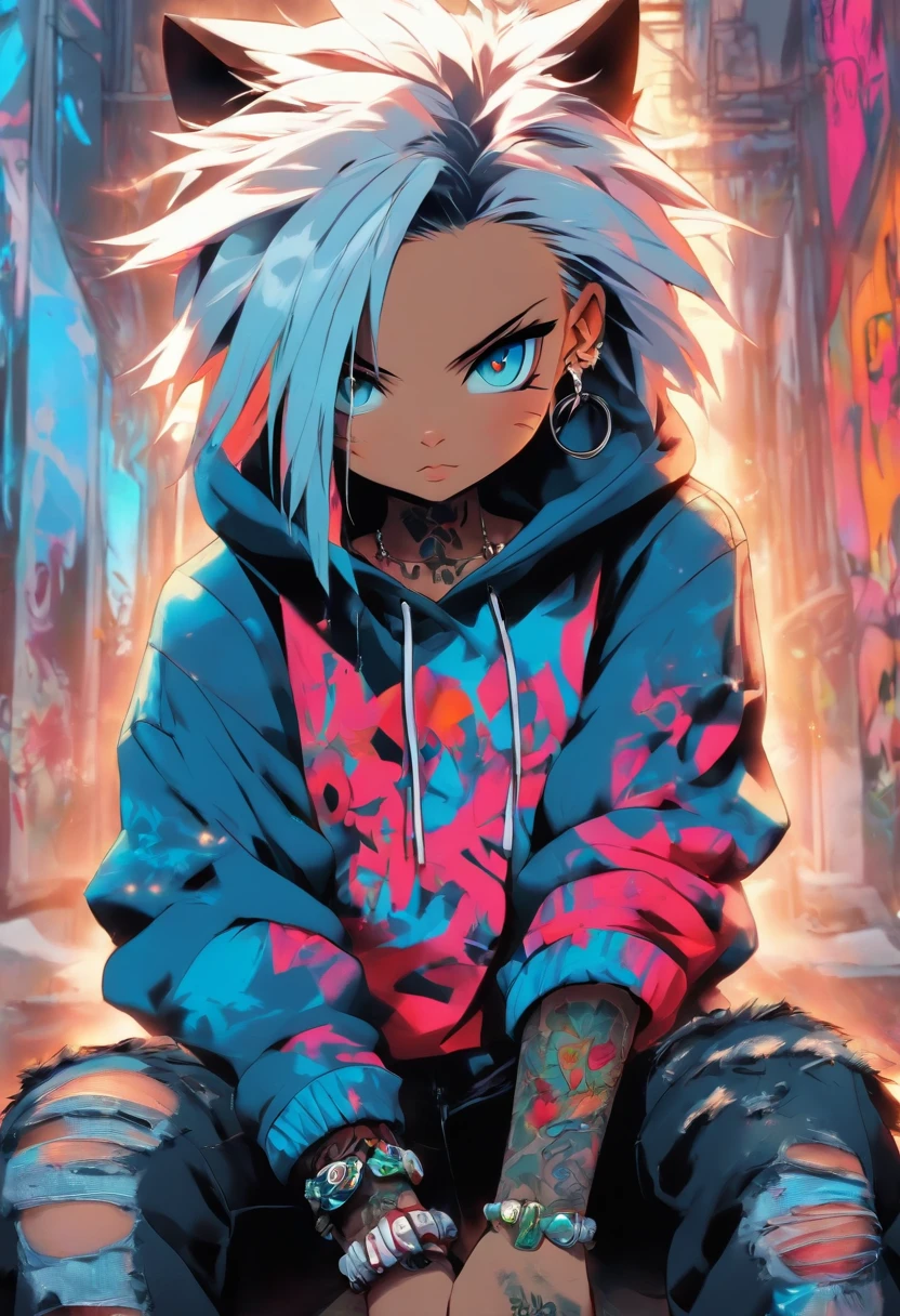 A cool and trendy cat, white hair, blue eyes, wearing trendy hip hop clothing, wearing a hoodie, graphic t-shirt and torn jeans, tons of tattoos and piercings, graffiti style background, highly detailed background, perfect masterpiece, high quality, high resolution