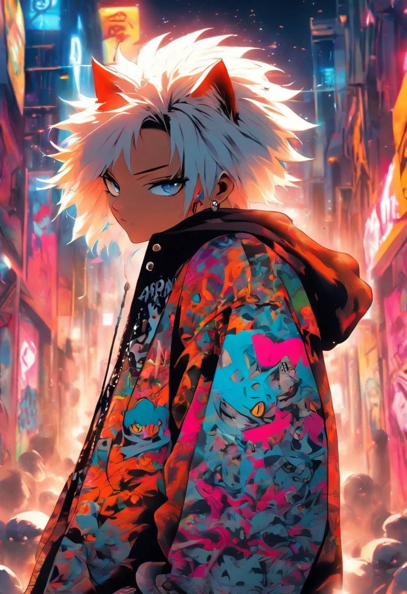 A cool and trendy cat, white hair, blue eyes, wearing trendy hip hop clothing, wearing a hoodie, graphic t-shirt and torn jeans, tons of tattoos and piercings, graffiti style background, highly detailed background, perfect masterpiece, high quality, high resolution