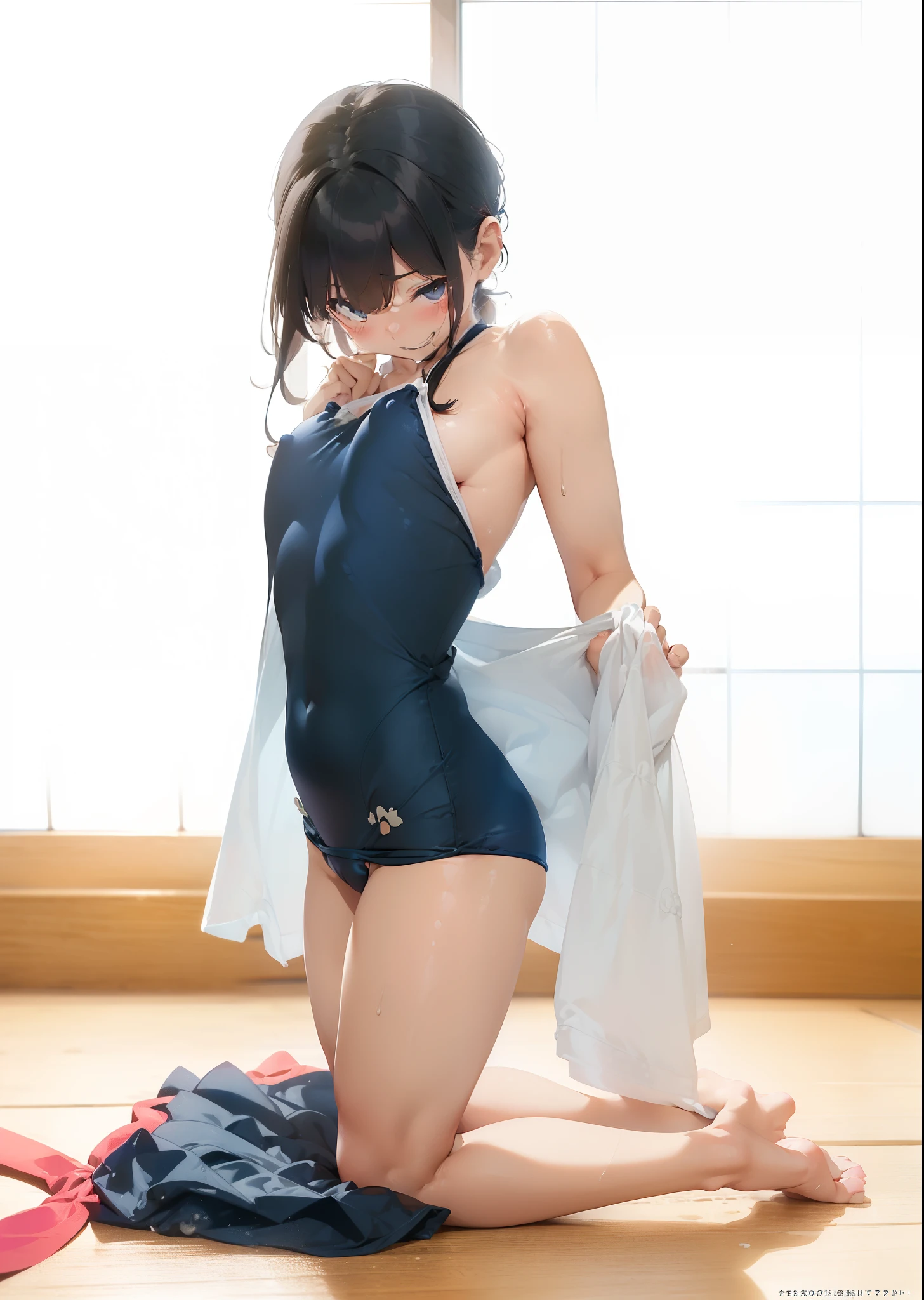 ((((a very cute))))((((small tits)))) ((((fullnude)))) ((((Ecstatic look))))、((((kawaii faces)))) ((((twin-tail hair))))、((((Thin pubic hair))))、((((embarassed expression)))) ((((fullnude))))(((View here)))、(((Shyness)))、((((Pichi Pichi swimsuit)))) 1 Adult Girl,NSFW,sixteen years old,(younger sister),(gals),(long)(((Complete nudity))), (small tits, delicate and long legs)A slender,((Black hair)),((Blue eyes)),((((Smile very shyly)))), (((slender))), ((cum all over the body)),,(((masutepiece))), (bich),(crass room),(((Best Quality))), ((Ultra-detailed)), ((full of sweat)), ((extremely delicate and beautiful)),(dripping),((No Underwear)), (((Gesture to take off the shirt))), (Long hair), ((cum all over the body))((red blush))(((Navy Color School Swimwear)))((Underhair))((エロ))(((barechested))) ((top-quality))、((masterpiece))