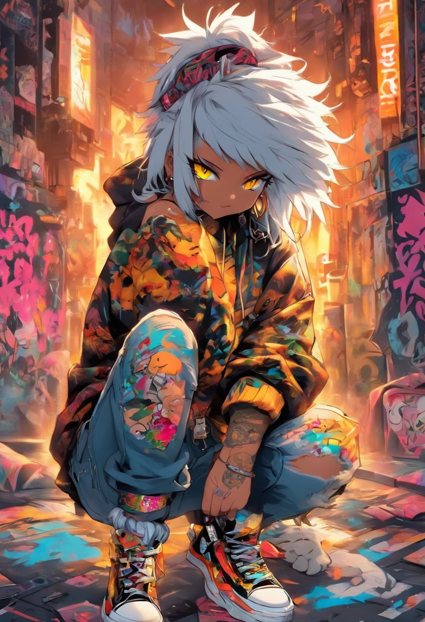 A cool and trendy cat, white hair, yellow eyes, wearing trendy hip hop clothing, wearing a hoodie, graphic t-shirt and torn jeans, tons of tattoos and piercings, graffiti style background, highly detailed background, perfect masterpiece, high quality, high resolution