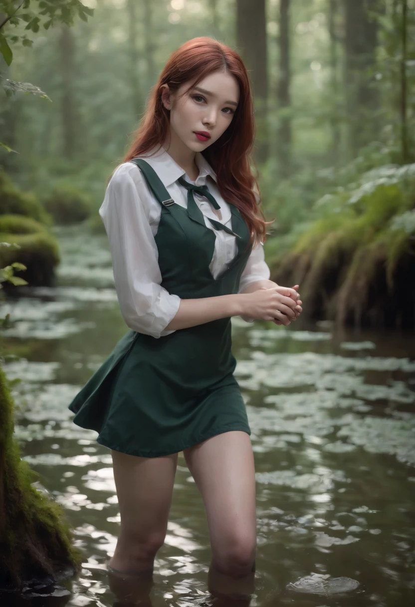 Hyper-realistic, ultradetailed, tmasterpiece. (night in a dark forest:1.3). girl, (Tormented by lust:1.3), (Drowned buttocks in a swamp:1.4). Mini skirt, White stockings with garters, Student uniform, Black stiletto heels, (Emaciated face:1.4), (Dehydrated face:1.5), (outcast:1.6), A pink-haired