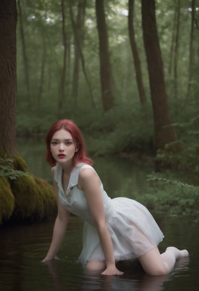 Hyper-realistic, ultradetailed, tmasterpiece. (night in a dark forest:1.3). girl, (Tormented by lust:1.3), (Drowned buttocks in a swamp:1.4). Mini skirt, White stockings with garters, Student uniform, Black stiletto heels, (Emaciated face:1.4), (Dehydrated face:1.5), (outcast:1.6), A pink-haired