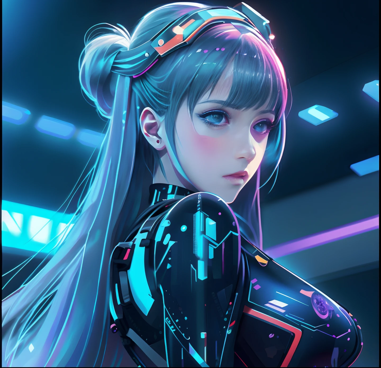 a close up of a woman with long hair wearing a futuristic outfit, perfect android girl, digital cyberpunk anime art, cyberpunk anime girl, anime cyberpunk art, female cyberpunk anime girl, digital cyberpunk - anime art, dreamy cyberpunk girl, cyberpunk anime girl mech, cyber universe style, cute cyborg girl, anime cyberpunk, cyber school girl, trending on cgstation, cyberpunk anime art