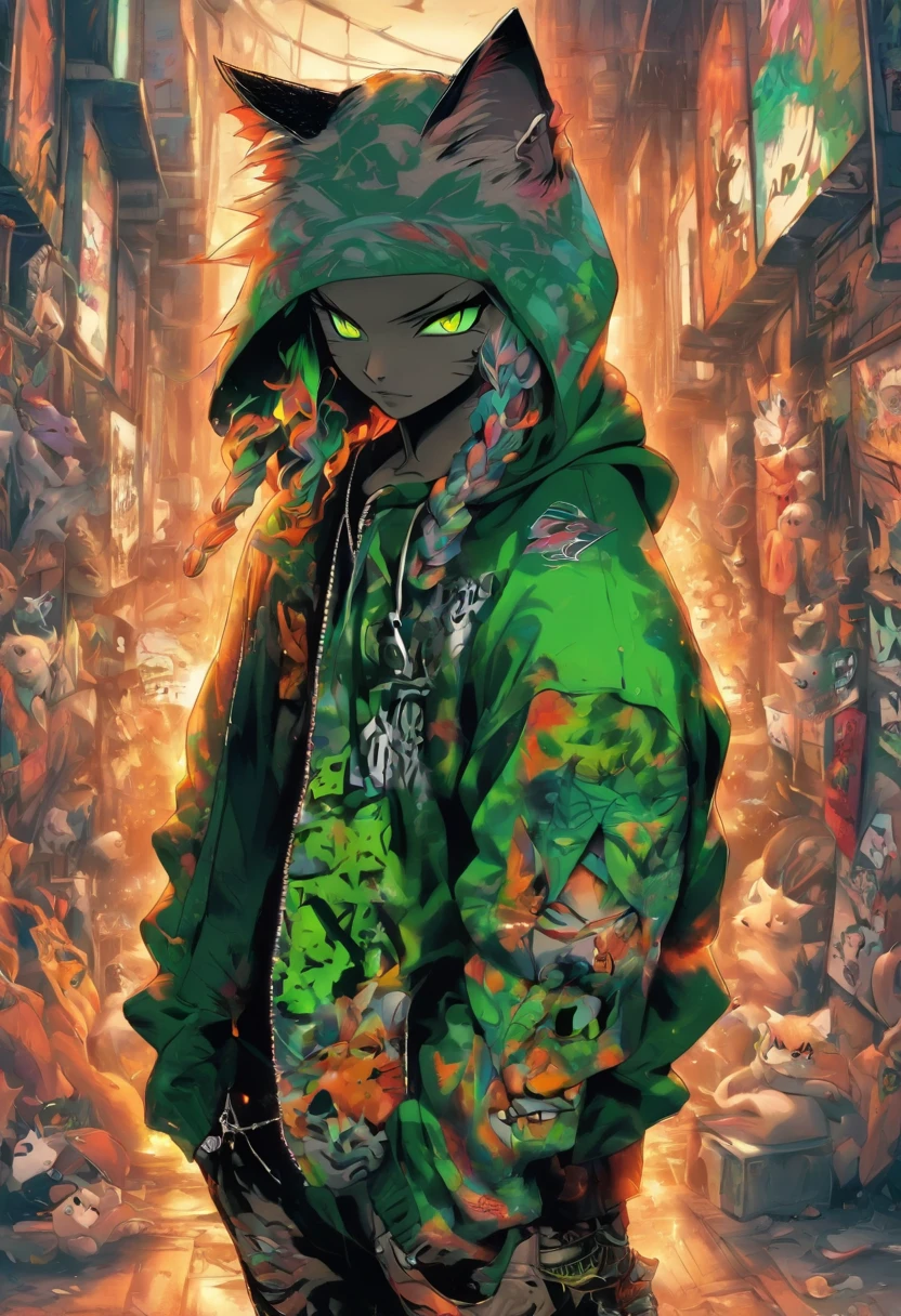 A cool and trendy cat, platinum hair, green eyes, wearing trendy hip hop clothing, wearing a hoodie, graphic t-shirt and torn jeans, tons of tattoos and piercings, graffiti style background, highly detailed background, perfect masterpiece, high quality, high resolution