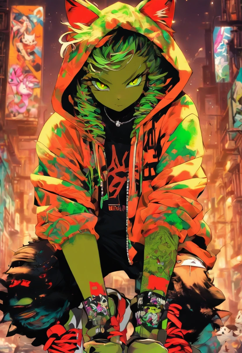 A cool and trendy cat, platinum hair, green eyes, wearing trendy hip hop clothing, wearing a hoodie, graphic t-shirt and torn jeans, tons of tattoos and piercings, graffiti style background, highly detailed background, perfect masterpiece, high quality, high resolution