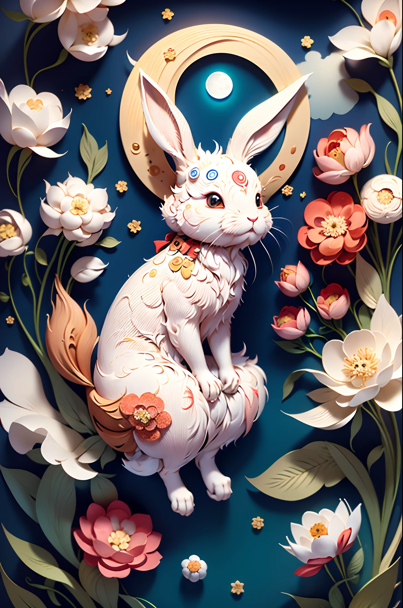 Masterpiece,Best quality,, Cute ukiyo-e,Moon,Bunny,Cute,Cute rabbit,super high image quality