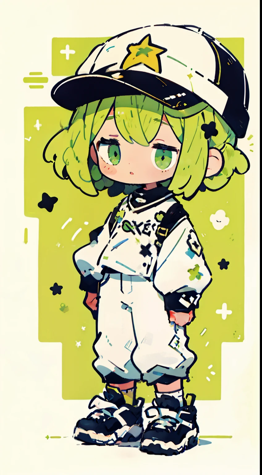 girl, green hair, white body, white shirt, Short green pants, White socks, Black Sneakers, Black Cap, And on the cap there are two black stars