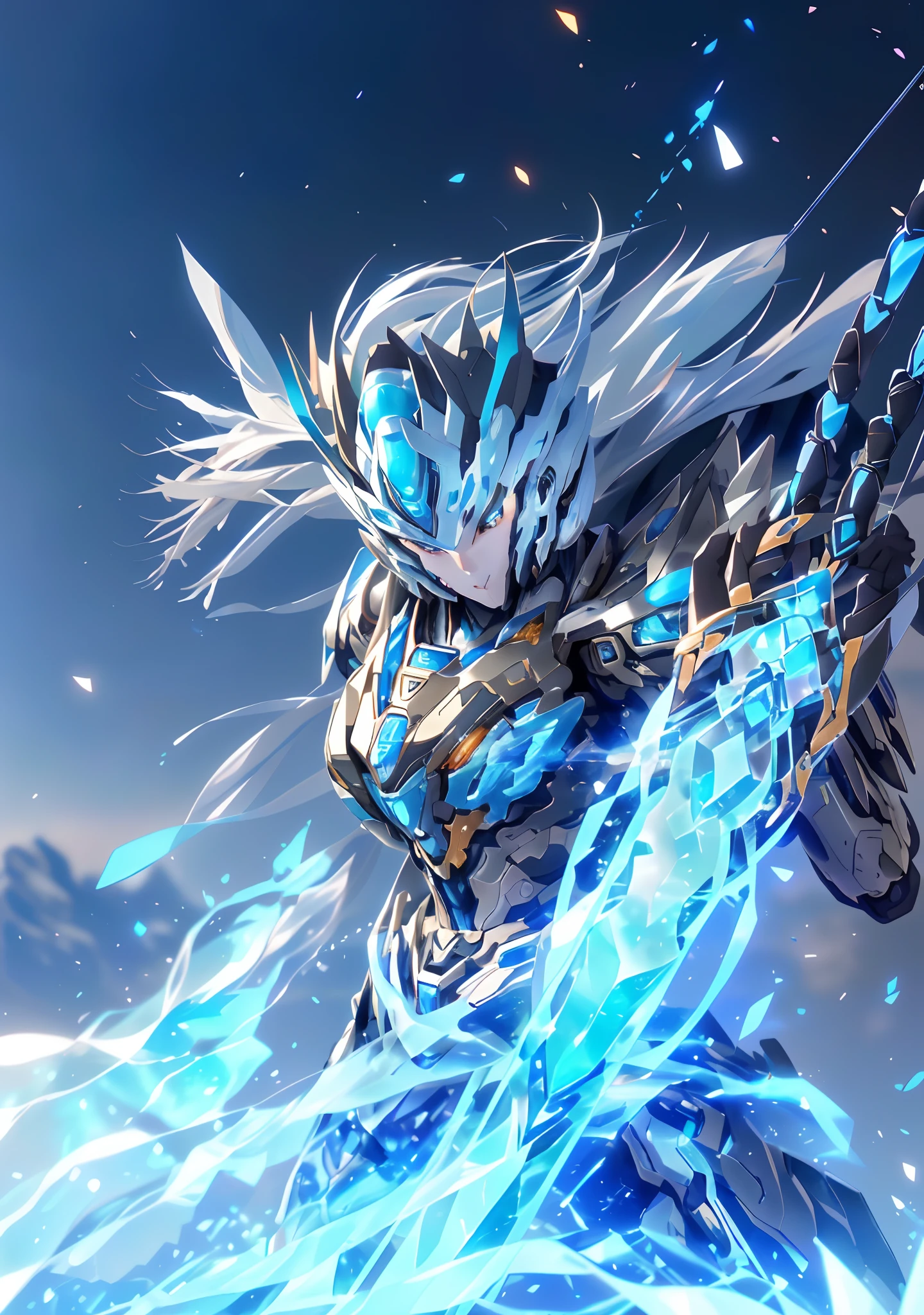 (super wide shot, Close-up of the frontal photo itself,Mecha female warrior close-up,Future warrior style《Mech color: The main color is blue》,(《Refer to the archer》,The bow and arrow in your hand emit a particle effect,The bow and arrow itself glows blue),Keqing from Genshin Impact, (Masterpiece) , The best quality, High quality,电影灯光, (Exquisite future), Beautiful and beautiful, Ultra detailed, great composition, Floating, Depth of field, (Very detailed CG,Unity 8k壁纸), (Beautiful detail background), dramatic lights, GOGETTA, Mecha,best qualtiy,Ultra-high 8K Ultra HD,digital SLR camera,high qulity,Film particle resolution,detailed face with,opulent,milkyW,Highly detailed skin,Realistic details of skin,Visible Pore,tack sharp focus,volume fog,8K UHD,digital SLR camera,high qulity,filmgrain,White skin of the