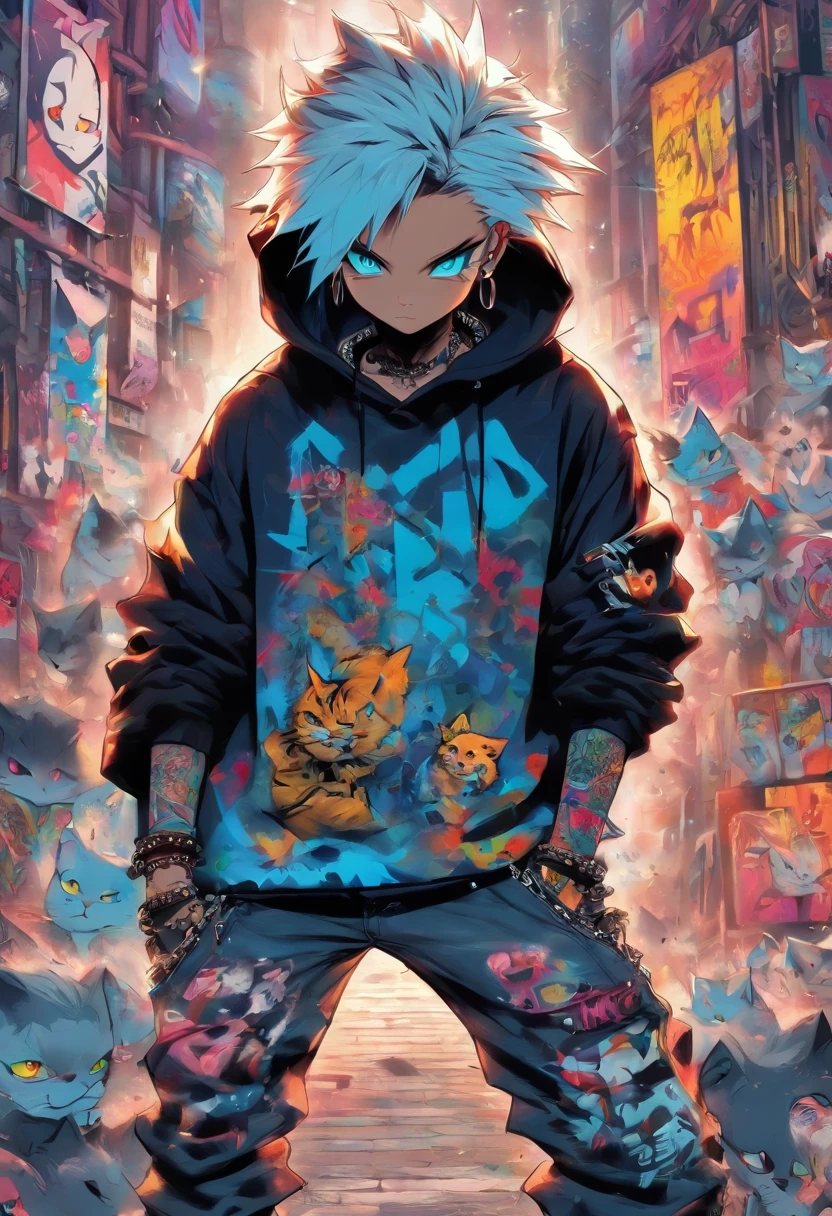 A cool and trendy cat, white hair, blue eyes, wearing trendy hip hop clothing, wearing a hoodie, graphic t-shirt and torn jeans, tons of tattoos and piercings, graffiti style background, highly detailed background, perfect masterpiece, high quality, high resolution