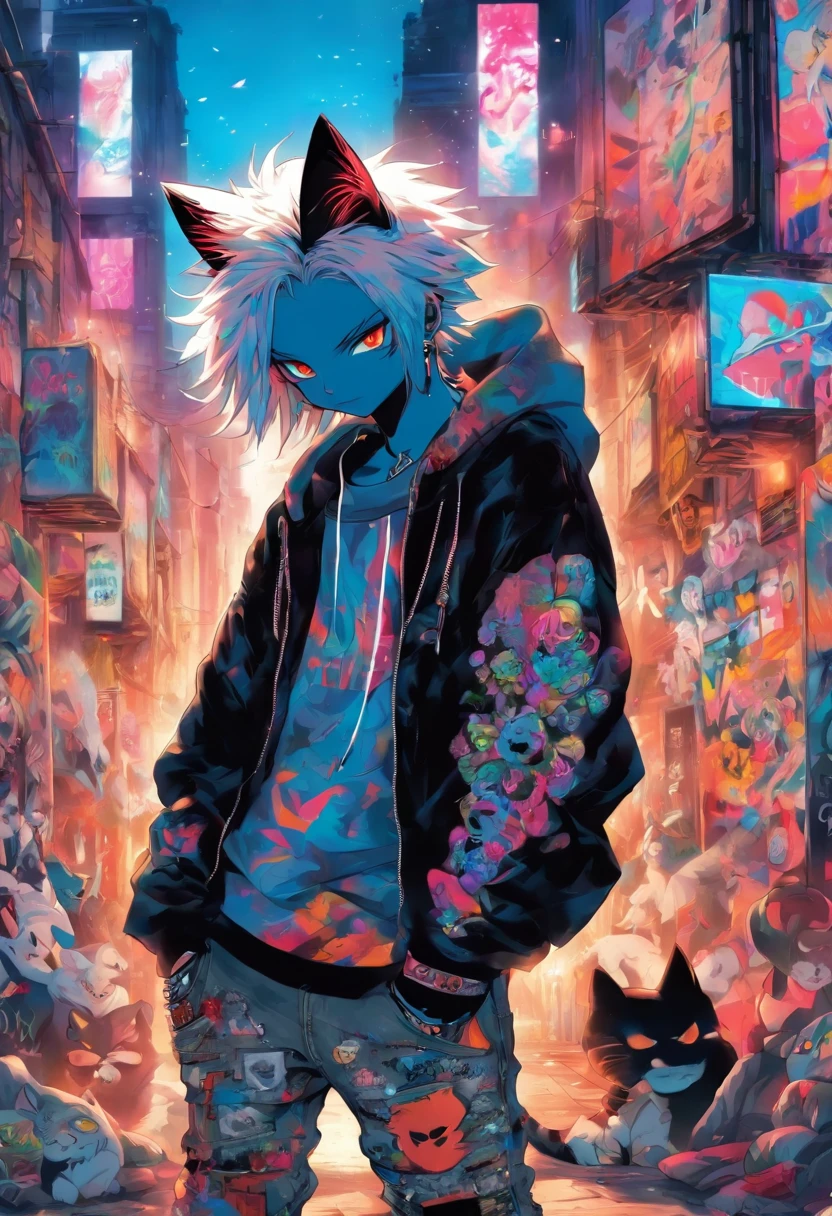 A cool and trendy cat, white hair, blue eyes, wearing trendy hip hop clothing, wearing a hoodie, graphic t-shirt and torn jeans, tons of tattoos and piercings, graffiti style background, highly detailed background, perfect masterpiece, high quality, high resolution