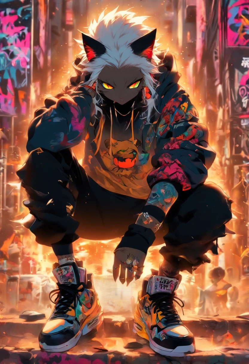 A cool and trendy cat, white hair, yellow eyes, wearing trendy hip hop clothing, wearing a hoodie, graphic t-shirt and torn jeans, tons of tattoos and piercings, graffiti style background, highly detailed background, perfect masterpiece, high quality, high resolution