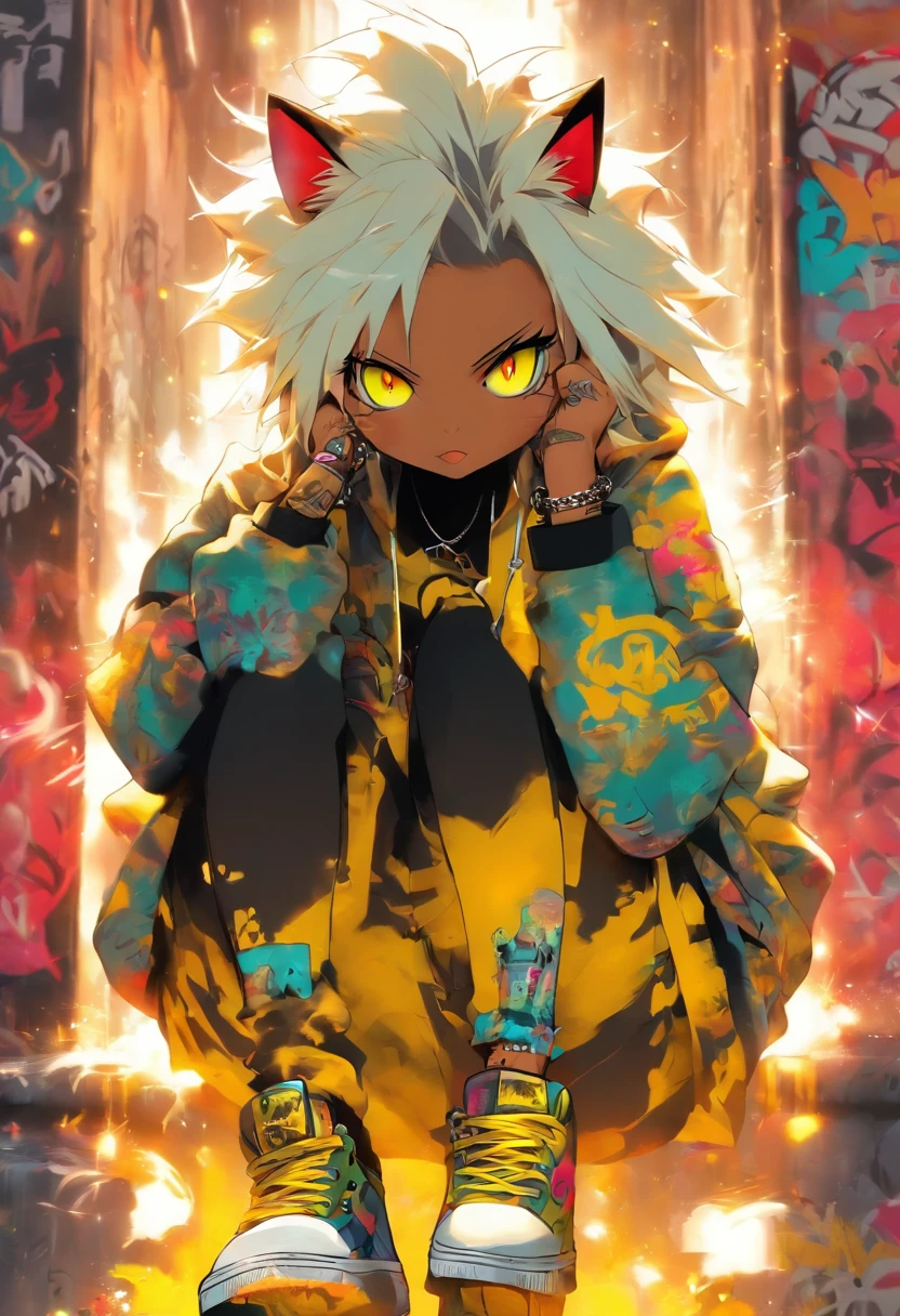 A cool and trendy cat, white hair, yellow eyes, wearing trendy hip hop clothing, wearing a hoodie, graphic t-shirt and torn jeans, tons of tattoos and piercings, graffiti style background, highly detailed background, perfect masterpiece, high quality, high resolution