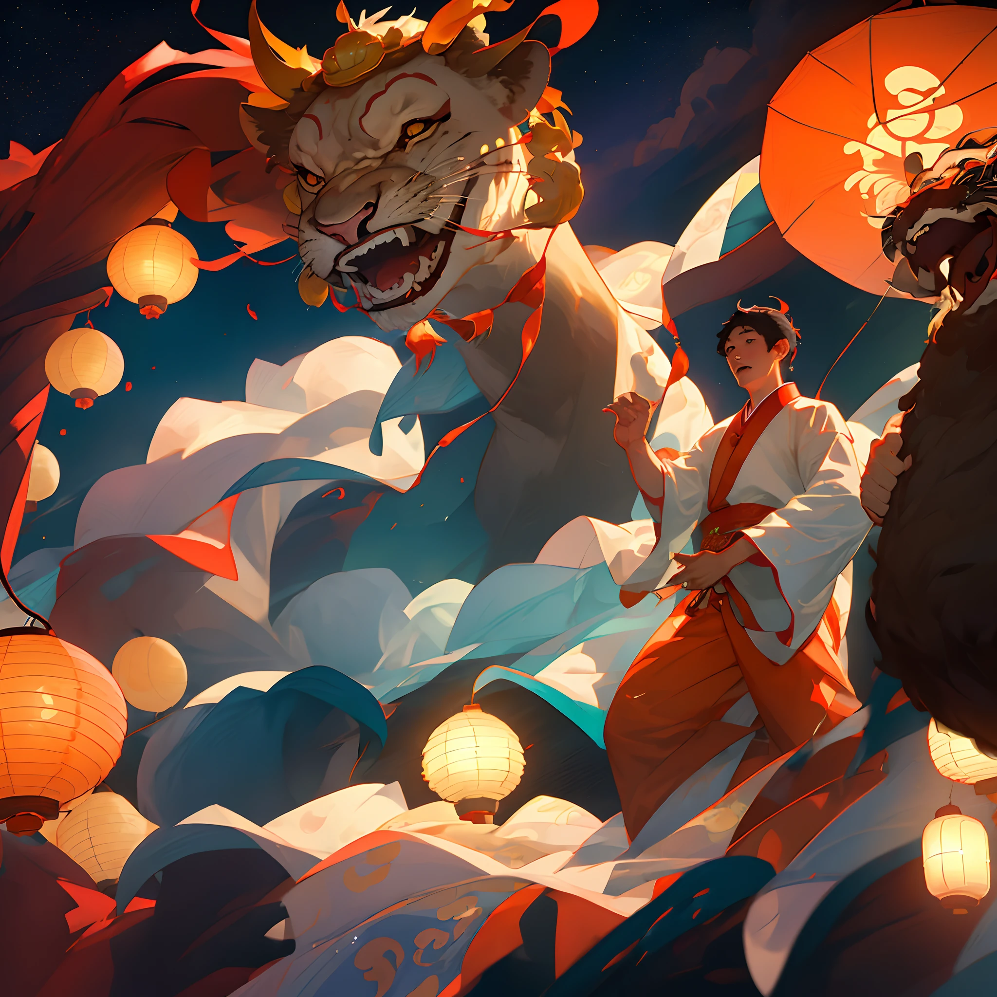 2 boys, mid-autumn festival, lion dance, lanterns, night sky