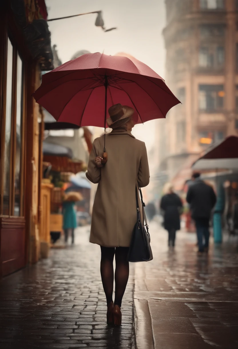 In front of a retro coffee shop、Mature woman holding an umbrella