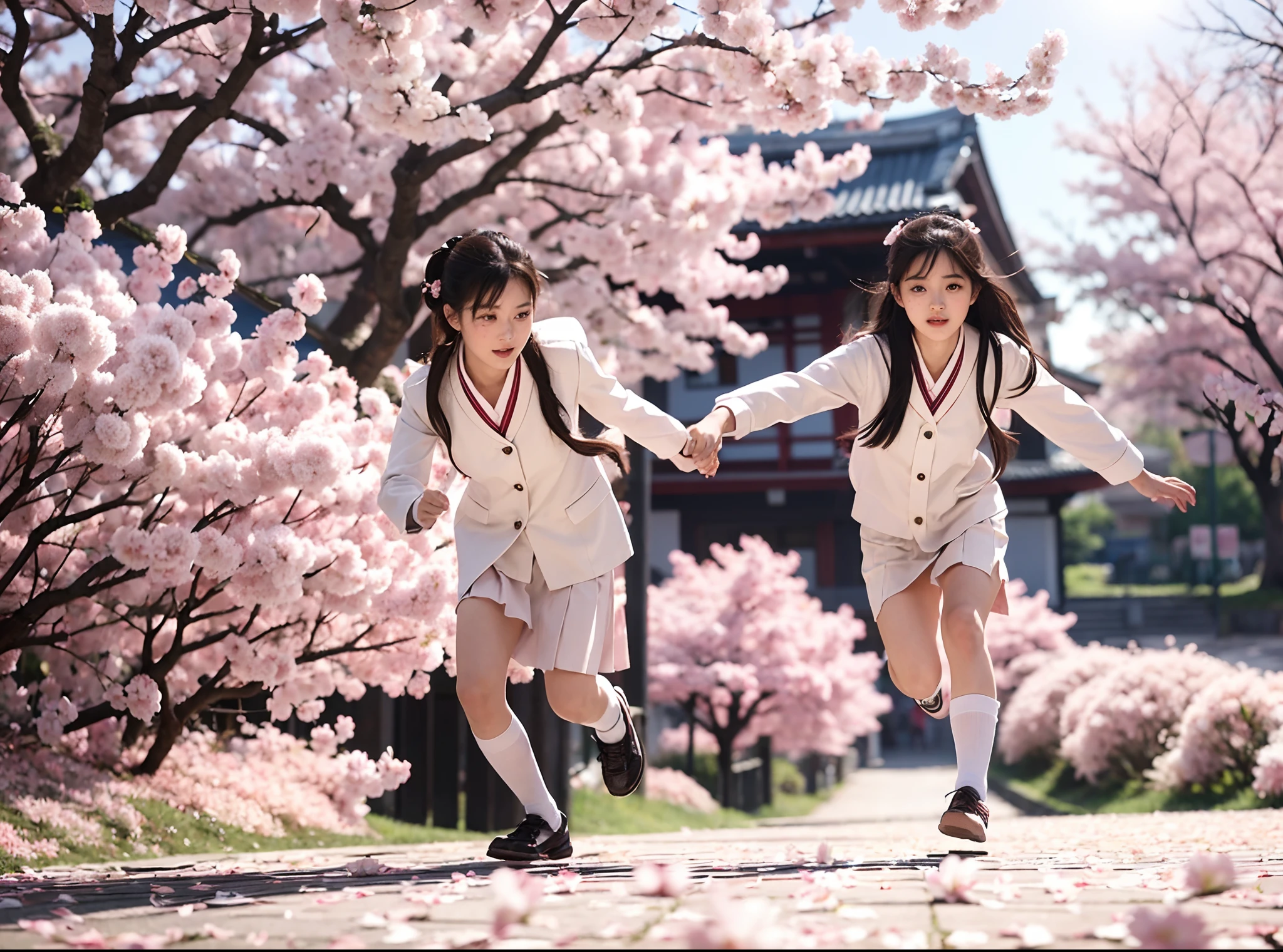 (best quality:1.2), (ultra-detailed:1.2), (realistic:1.37), lively girls running on the road, cherry blossoms, Japanese school uniforms, school playground, wearing Japanese uniforms, cinematic lighting, masterpiece, illustration, extremely detailed and beautiful eyes, floating perspective, exquisite background, vivid lighting