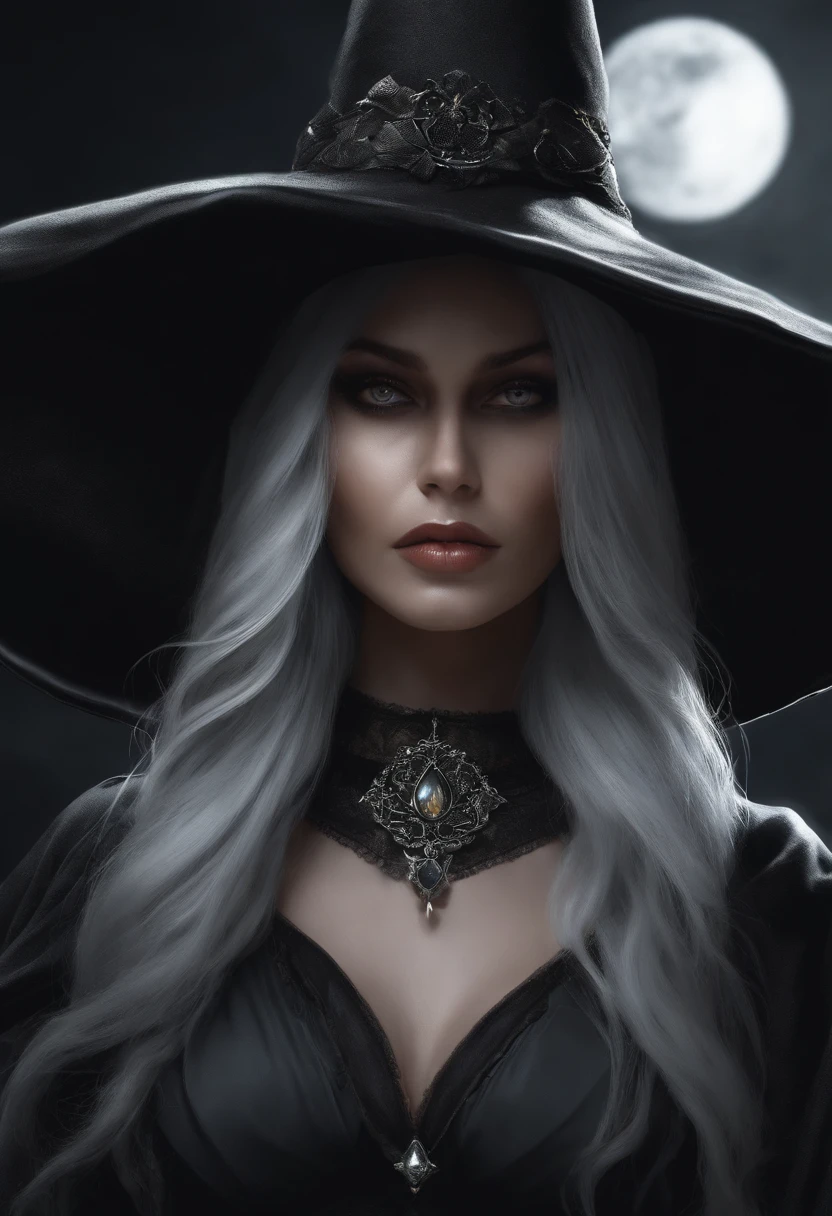/imagine prompt: Illustration of a witch girl, in a big witch's hat, With an evil look, Amulet around the neck, beautiful breasts, dressless, dark-skin, White hair sticker with black background, In bold, jagged edges, Trashkor, Light shading --V 5.2