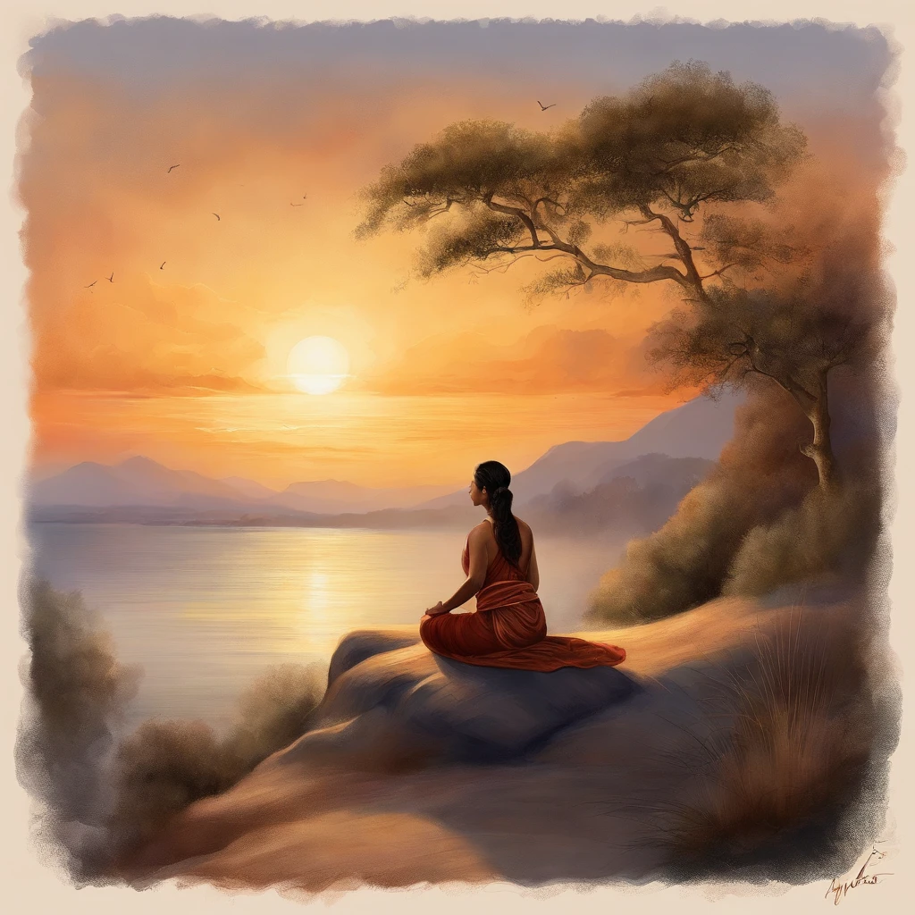 an asian woman, sitting in a meditation position, yoga, In front of the beautiful Orissant, As the sun sets, Related to the sacred, director: Drew Tucker, director: Adam Marchinski, director: Alexander Kucharisky, director: Gavin Nolan, 8K surrealism, director: Jason Felix, Yuri Shwedoff e Tom Bagshaw, illustrative art, Estello Eric Johnson