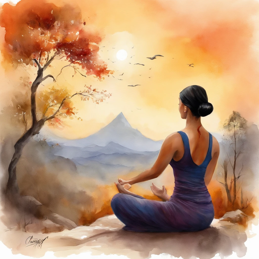 an asian woman， sitting in a meditation position, yoga, In front of the beautiful Orissant, As the sun sets, Related to the sacred,  director: Drew Tucker, director: Adam Marchinski, director: Alexander Kucharisky, director: Gavin Nolan, 8K surrealism, director: Jason Felix, Yuri Shwedoff e Tom Bagshaw, illustrative art, Estello Eric Johnson