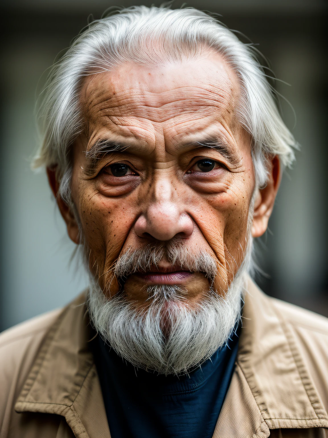 Hyper-Resolution, Ultra photo realsisim, cinema shot, Vignette, Portrait of an 80-year-old Asian old beggar,Look at the viewer,An old beggar,Broken bowl in hand,Spiritual old man,Single image,Thin and thin, Old blue eyes, Short white hair,White Viking beard, Narrow face,dark-skin, Wide shoulders, Weathered by sunlight and water, Gold pattern royal twin peaks, The Royal Chambers camera is focused on the eye, High focal length, Bust photo,Faraway view,Digital SLR, Dark Studio, rim lit, twotonelighting, Dimly lit, low tune, Backlight,
