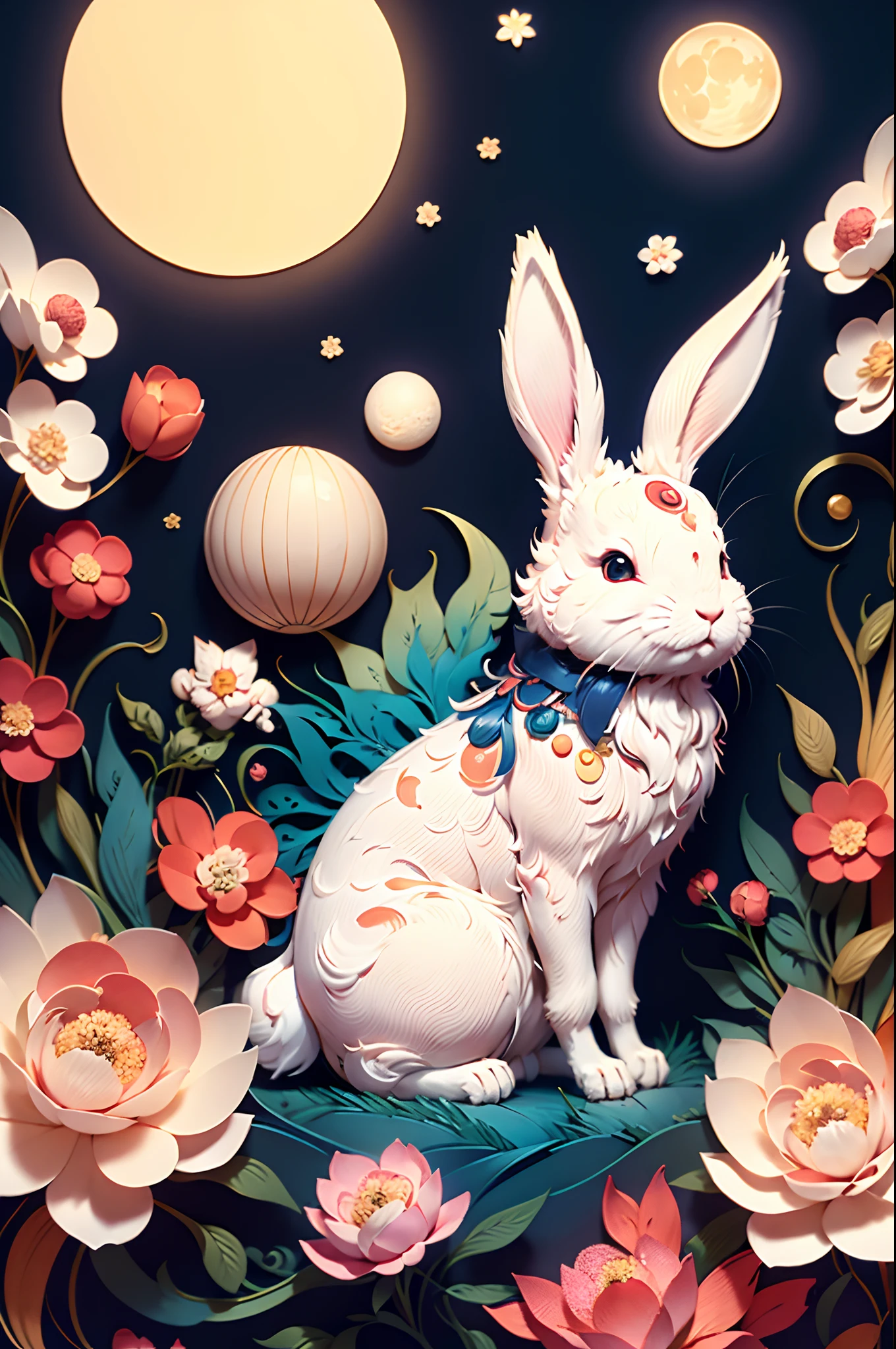 Masterpiece,Best quality, Cute ukiyo-e,Moon,Bunny,adorable rabbit,super high image quality