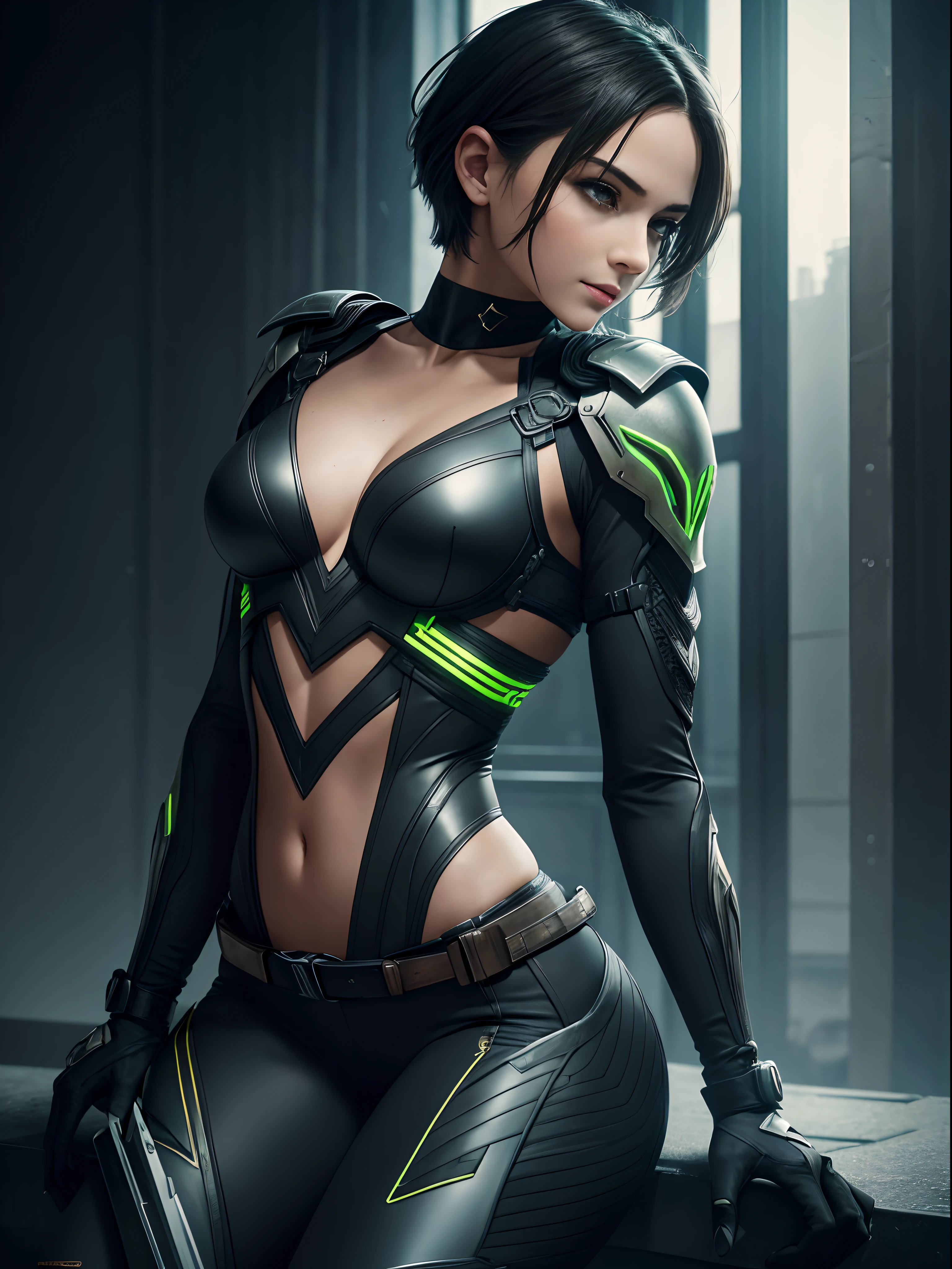 In a Cinematic Photography style, 1girl, Olive-toned Skin, faint silvery scars tracing her jawline and neck, Bright green eyes with a reflective quality, specially modified for night vision, Short Hair, silvery-white, cropped close to the scalp on one side with a longer wave cascading on the other, Agile, slender, hourglass figure, built for stealth and speed, neon highlights, A tattoo of a silhouetted raven on her left collarbone, Dark-hued Exotic translucent and metallic armor, neon trims, adaptive fit, skin-tight stealth suit, Thin, blade-like retractable wings attached to her back, A belt with pouches carrying silent weapons like throwing stars, darts, and a compact crossbow, looking directly at the camera, (Realistic skin texture: 1.1), seduction, thick body, perfect body, highly detailed, 8K resolution, ultra realistic, Gothic, fantasy, Divine, Clean, Rich, prestige, Fantastic, supreme, apex, Supreme, Goddess, uncropped, (8k, Best Quality, Cinematic Masterpiece: 1.2), (Realistic, Photorealistic: 1.37), Super Detailed, 1 Girl, Cute, Alone, Night, Sitting, Date, ( Nose blush), (smile: 1.15), (close mouth) small breasts, beautiful details, (no shirt: 1.1), night, (Short Hair: 1.2), floating Hair NovaFrogStyle, centered, forward facing.