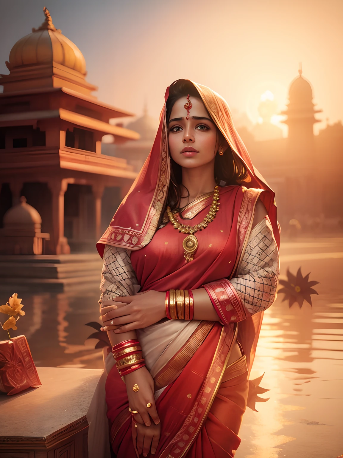 Background change into mandir beautiful girl with banarashi saree realistic photo realistic 8k photo