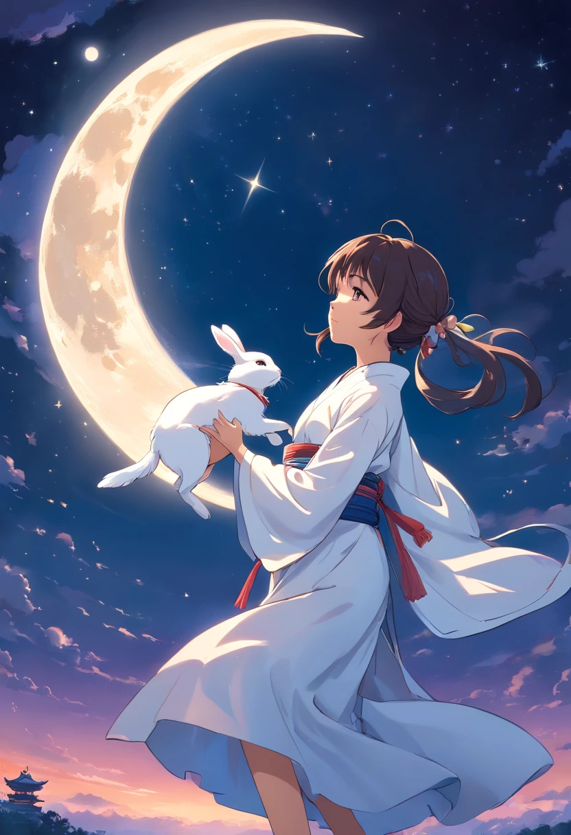 Full moon night,under the starry night sky,Beautiful oriental woman,Wearing ancient Chinese white clothes with fairy air,With tears in his eyes, he flew towards the moon,Holding a cute white rabbit