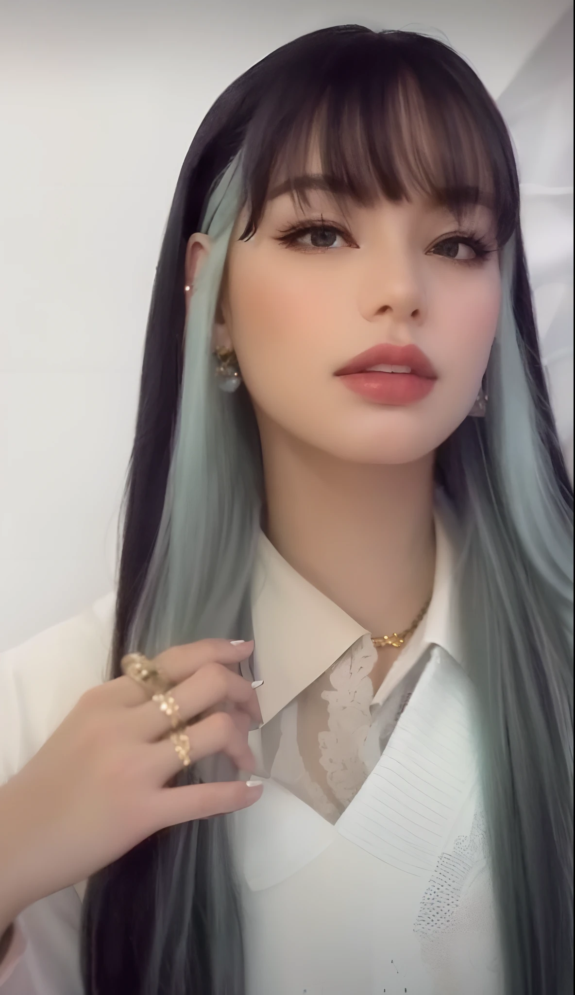 masterpiece,best quality,ultra-detailed,8K,detailed light,detailed shadow,RAW, (detailed skin),(realistic:1.2),
1girl,face,
pilyeon, black nails, jewelry, Long hair, looking at viewer, choker, necklace,piercing, wh, heart, closed mouth, grey eyes, nail polish, simple background, black hair, ear piercing, black choker, smile, eyelashes, lips, hand on own cheek, bangs, bracelet, beads, gem, earrings, fingernails, [[[dual hair color]]] [[[black and white hair color]]] [[[black hair on top, white underneath]]] [[[black and white hair]]],  Glamorous  green dress, red carpet entrace.