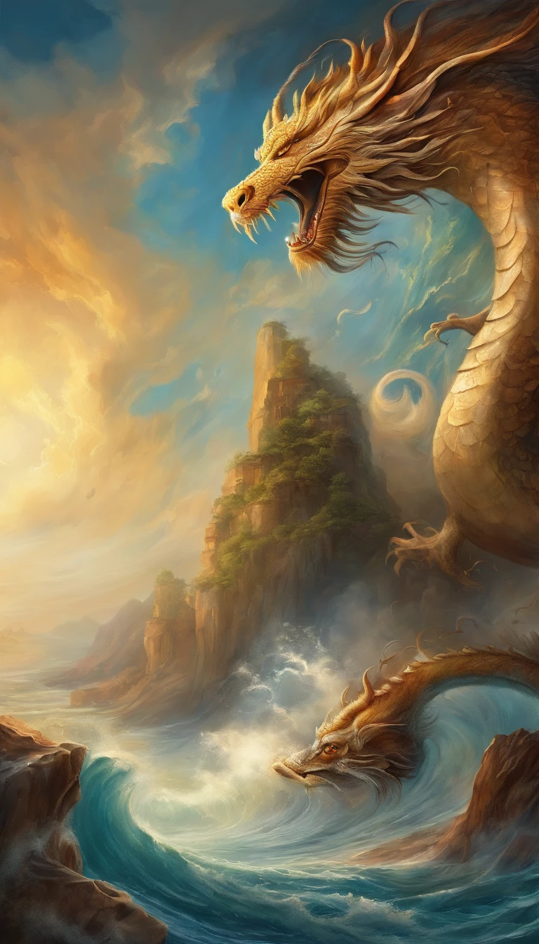 Vickers style, The graphics in the poster design are ocean colors, Chinese dragon in ink painting,, As a water god, Living in the North Sea, Control thunderstorms at sea, an ancient Chinese god, jesus stand against dragon and opened his hands, Super sharp,Realistic details,Auspicious clouds, depth of fields, God Ray, fantasy coloring, romanticism lain, art-deco, Cinematic lighting, Depth of field, Sparkle, god light, Ray tracing, Ultra-wide angle, first person perspective, Wide shot, hyper HD, High quality, High details, Textured skin, Best quality