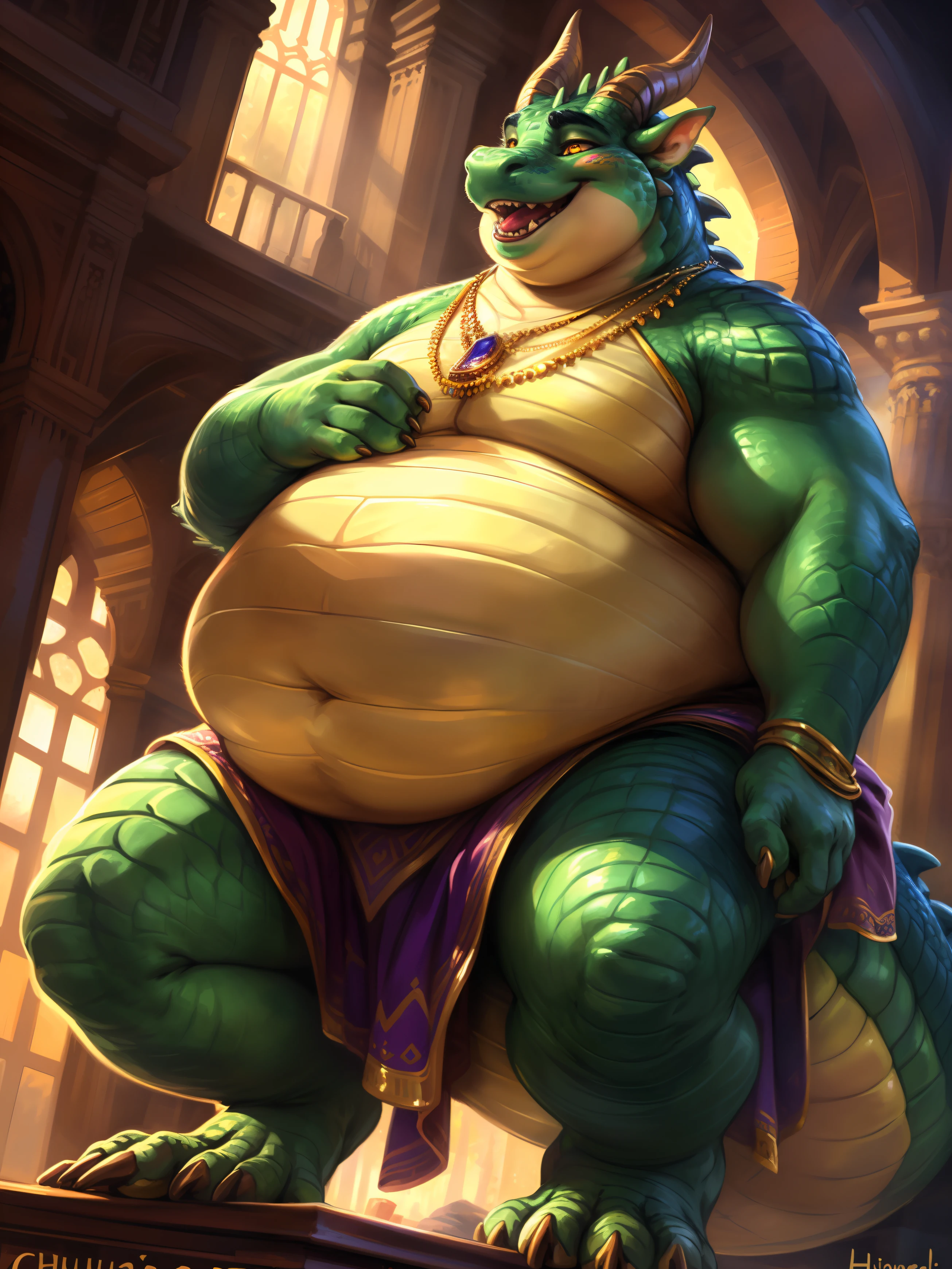 (author:Hioshiro and Kenket and Dimwitdog, Michael & Inessa Garmash, ruanjia, pino daeni, Chunie), e621, low angle looking way up at subject's face. He is dancing clumsily, ((Hyper-Obese, Unimaginably Obese. So Obese he is immobile)), Hyper-Obese:1.1, extremely chubby facial cheeks:1.1, insanely chubby face:1.1, morbidly obese double chin, (((hyper-detailed and stacked fat rolls))), no clothing, Solo, anthro, Male, (Green dragon), detailed hard scales cover entire body, belly and chest are extremely detailed and covered in scales, ((intricate detail scale texture)), Horns, (golden eyes) , Black thick eyebrows, unique scale pattern ((wears)), digigrade, (Tail), Obese manbreasts that droop heavily. Handsome, Cinematic, Solo, extremely hyper-obese, ((insanely obese))), (shaded), (Detailed eyes):1.2, ((busts)), Extremely articulate and detailed fat rolls. Sensual, Religious motifs,Gold necklace with gemstone pendant, blushing.