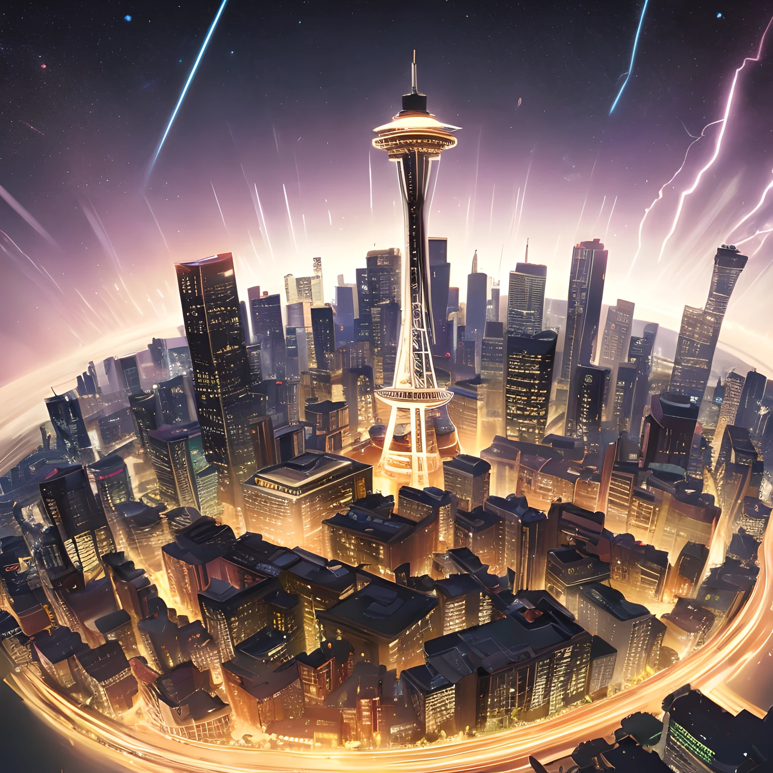 Isekai Space Needle、Space Needle of the near future、Space Needle、landmark、thunder clouds、lightning bolt、thunderstyle, simple purple background, Space Needle floating in the night view of Seattle、fantasy art, The glowing Space Needle、Fantasy world of Seattle cityscape、from below, night sence, night city view, Composition with emphasis on the presence of the Space Needle、