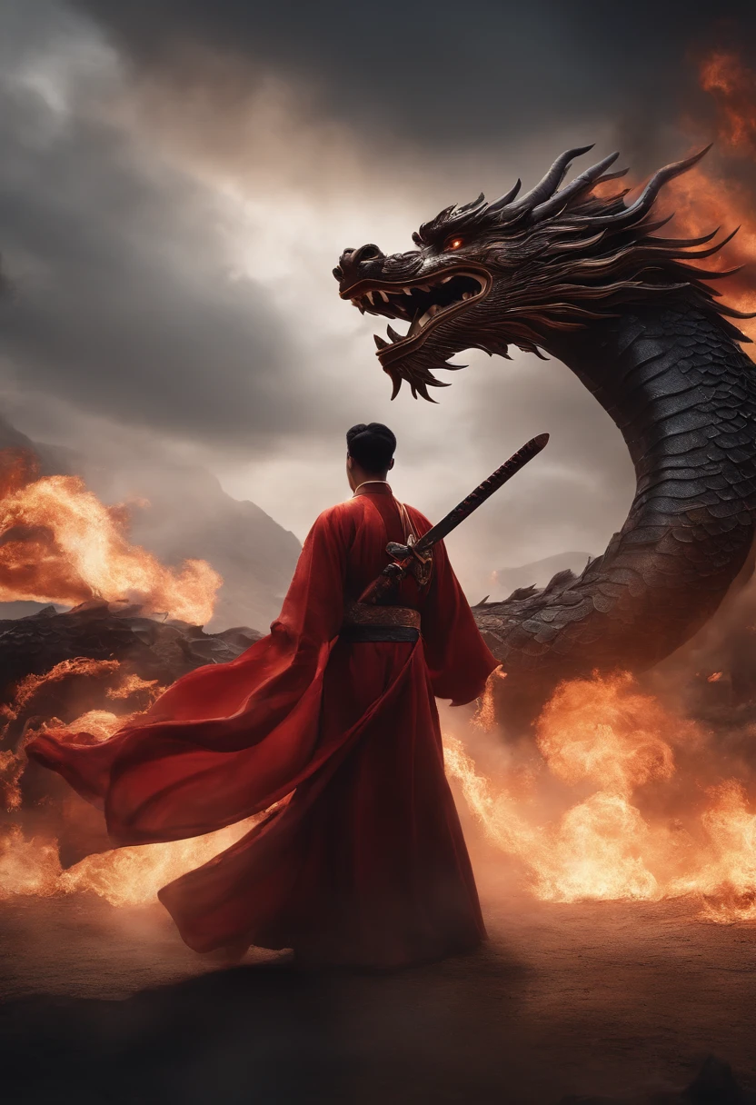 Young men(The male),フォトリアリスティック, Gorgeous robes stirred in the wind, The sword, Burning eyes,War background image (disarray), full bodyesbian, A huge Chinese dragon behind him,8K,16K