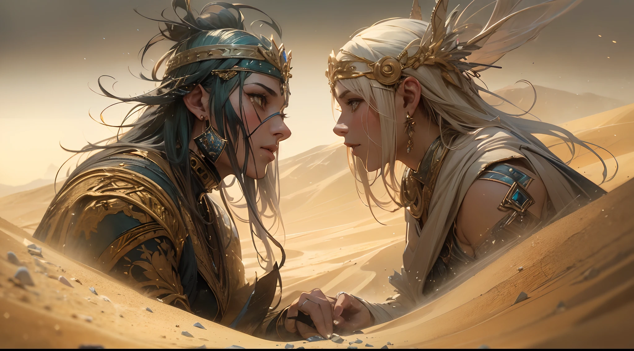 "(by Greg Rutkowski: 1.2), (masterpiece), ((best quality)), extremely delicate and beautiful, illustration, (fantasy landscape), A mesmerizing fantasy landscape with enchanting elements blending seamlessly. ((Ogir-Yensa Sand Sea)), A sense of tranquility and wonder fills the air, inviting exploration and discovery. Providing a distant view that captures the grandeur and atmosphere. From Brian Froud and Carne Griffiths and Wadim Kashin and John William Waterhouse, 8K post-production, high resolution, hyperdetailed, depth of field, HDR, intricate"