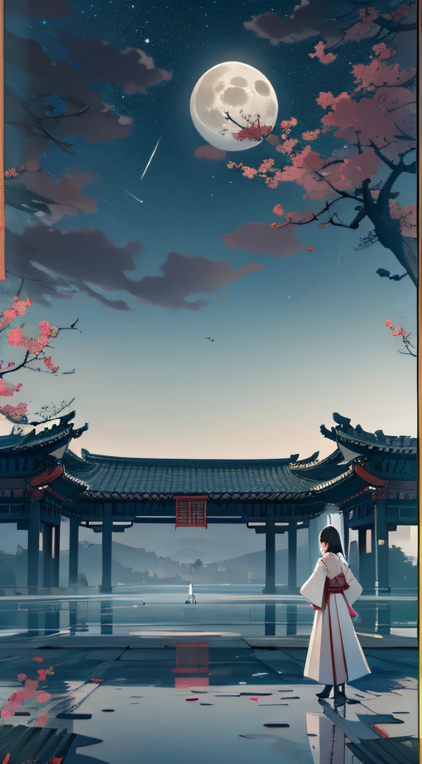 transparent and pure colors,a girl walking by a water infront of a chinese building,the full moon in the sky ,in the style of minimalist stage designs,zhang jingna,vray,uhdimage,heian period,rectangular fields,meticulous design 50 --v 5.2 --ar 9:16 --s 2
