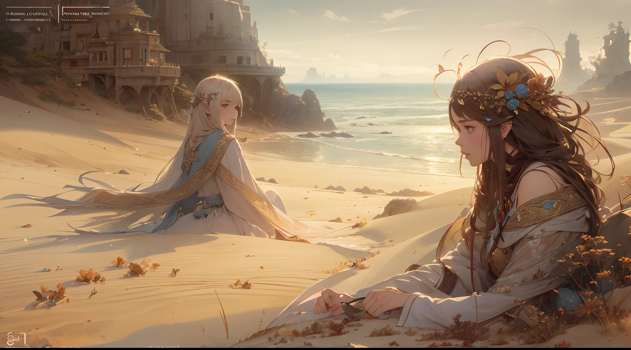"(by Greg Rutkowski: 1.2), (masterpiece), ((best quality)), extremely delicate and beautiful, illustration, (fantasy landscape), A mesmerizing fantasy landscape with enchanting elements blending seamlessly. ((Ogir-Yensa Sand Sea)), A sense of tranquility and wonder fills the air, inviting exploration and discovery. Providing a distant view that captures the grandeur and atmosphere. From Brian Froud and Carne Griffiths and Wadim Kashin and John William Waterhouse, 8K post-production, high resolution, hyperdetailed, depth of field, HDR, intricate"