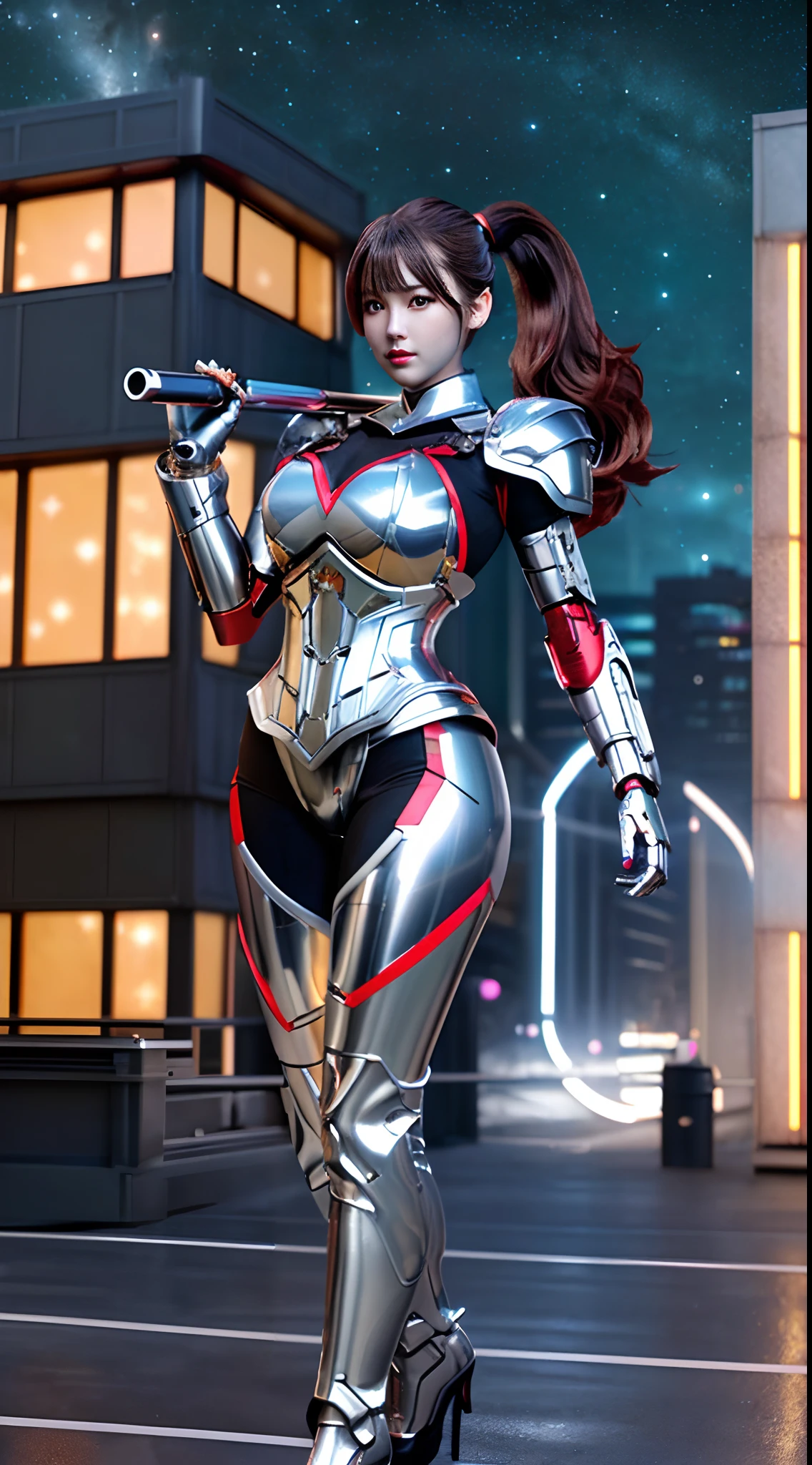 (Realistic: 1.2), masutepiece, Best Quality, ultra-detailliert, very detailed illustration, Very detailed, intricate detailes, High resolution, Super Intricate Details,Thick details,super detailing,8K,32K,(neons),1girl in, (Full metal body,Fully machine-made armor,Fiber optic body: 1.2), (Realistic metallic glow,metallic silver body), cowboy lens, Caustics, Reflectors,Metal Heroine Theme, Silver and red body,Metallic Red Body,nebulas, Network Effects, (1girl in: 1.4), Solo, ((Mechanical face guard,Mechanical parts, Single robot arm))), Complex mechanical tights, mecha corset, Heavy Full Armor, ((Holding a large gun in your hand)),Detailed eyes, Detailed red iris, Random expressions, Random movement,Random posture,Futuristic skyscrapers, Ponds, Starry sky, sky line, ((long hair flowing with the wind, High Up Ponytail,slender abdomen,Colossal tits:1.9,,,, ,Colossal tits:1.9,,,, ,perfectly proportions,Sensual body lines,Sexy proportions,Overhanging udder)),dynamicposes,dynamic ungle,城市,nighttime scene,natta,glowing sword in hand、With a big gun,cloak flittering in the wind,best ratio four finger and one thumb