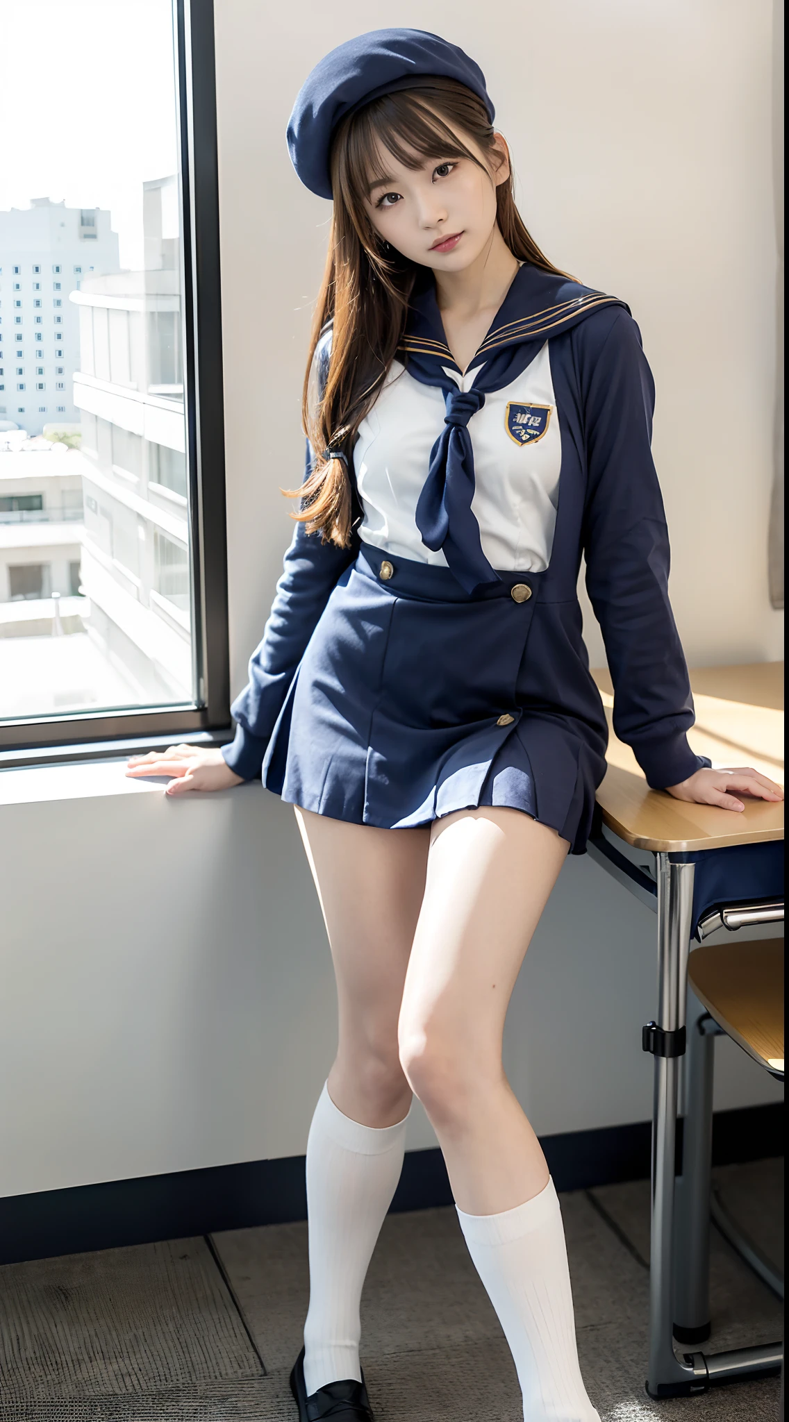 High resolution、high quality、Detailed face、Beautiful Face、cute、Young Face、Young face、high school girl、uniform、An innocent smile、whole body、Spread your legs、Navy blue pleated skirt