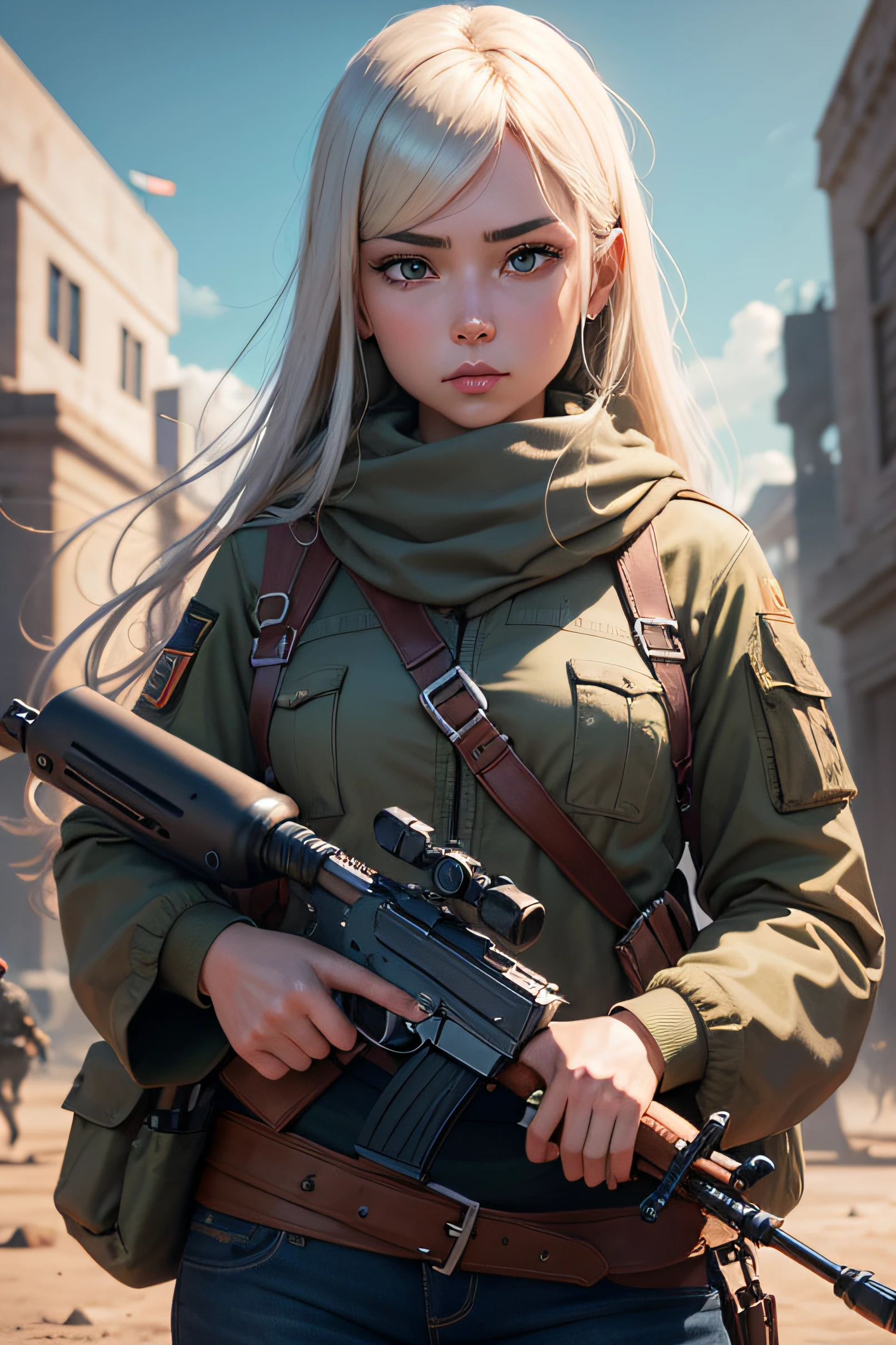 kelly holding awm gun watching with strange attitude, background freefire game