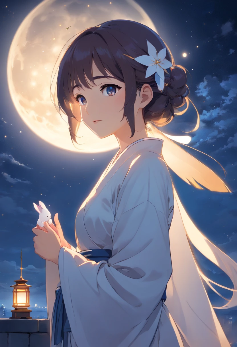 Full moon night,under the starry night sky,Beautiful oriental mature woman,Wearing ancient Chinese white clothes with fairy air,Eyes filled with tears,Melancholy looking back,Holding a cute little white rabbit