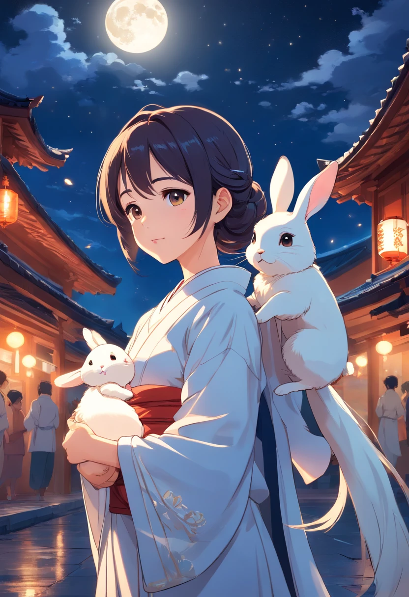 Full moon night,under the starry night sky,Beautiful oriental mature woman,Wearing ancient Chinese white clothes with fairy air,Eyes filled with tears,Melancholy looking back,Holding a cute little white rabbit