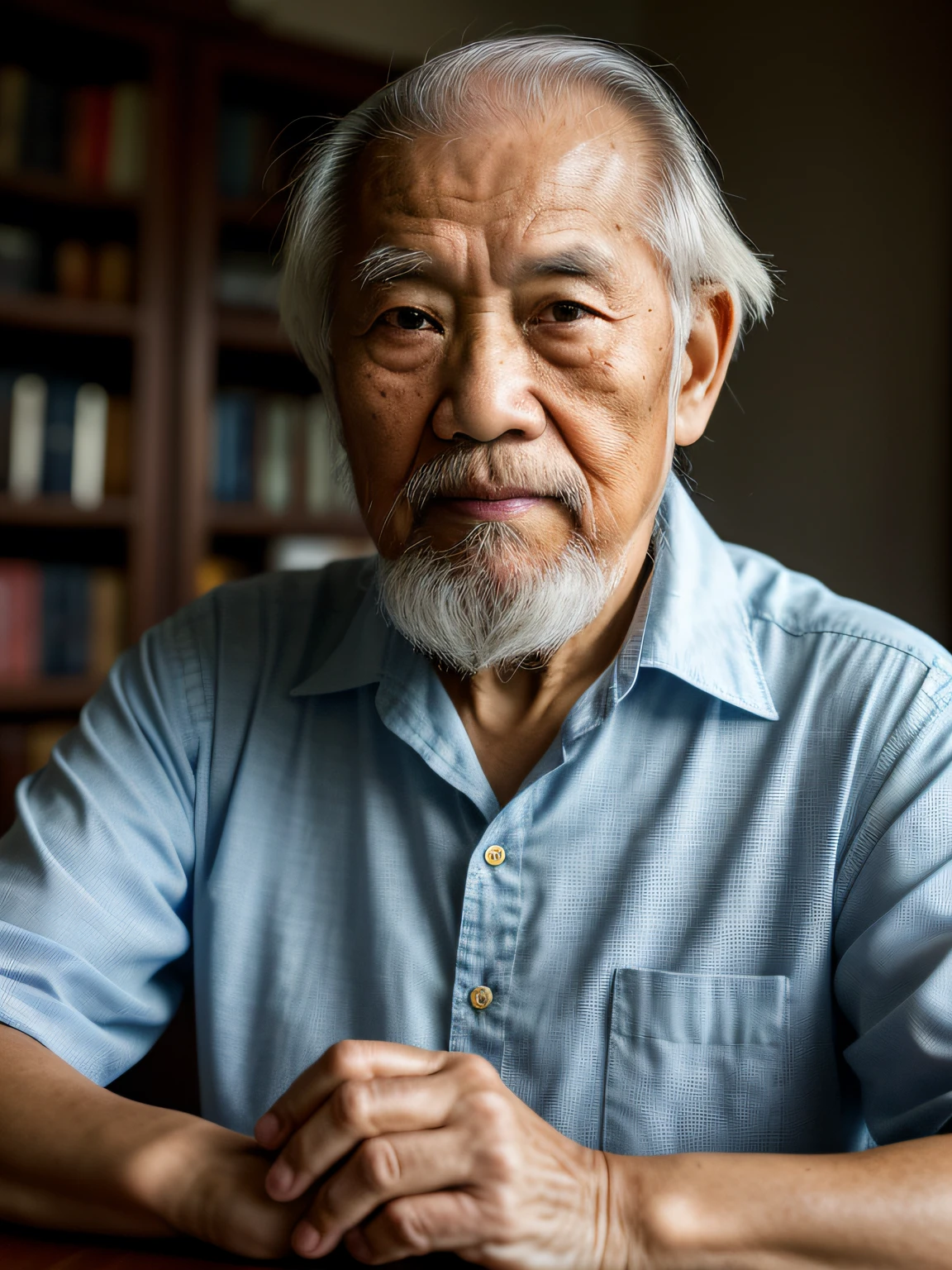 Hyper-Resolution, Ultra photo realsisim, cinema shot, Vignette, Portrait of an 80-year-old Asian father,Look at the viewer,An old father,Books in hand,Spiritual elderly,Single image,Thin and thin, Old blue eyes, Short white hair,White Viking beard, Narrow face,dark-skin, Wide shoulders, Weathered by sunlight and water, Gold pattern royal twin peaks, The Royal Chambers camera is focused on the eye, High focal length, Bust photo,Faraway view,Digital SLR, Dark Studio, rim lit, twotonelighting, Dimly lit, low tune, Backlight,